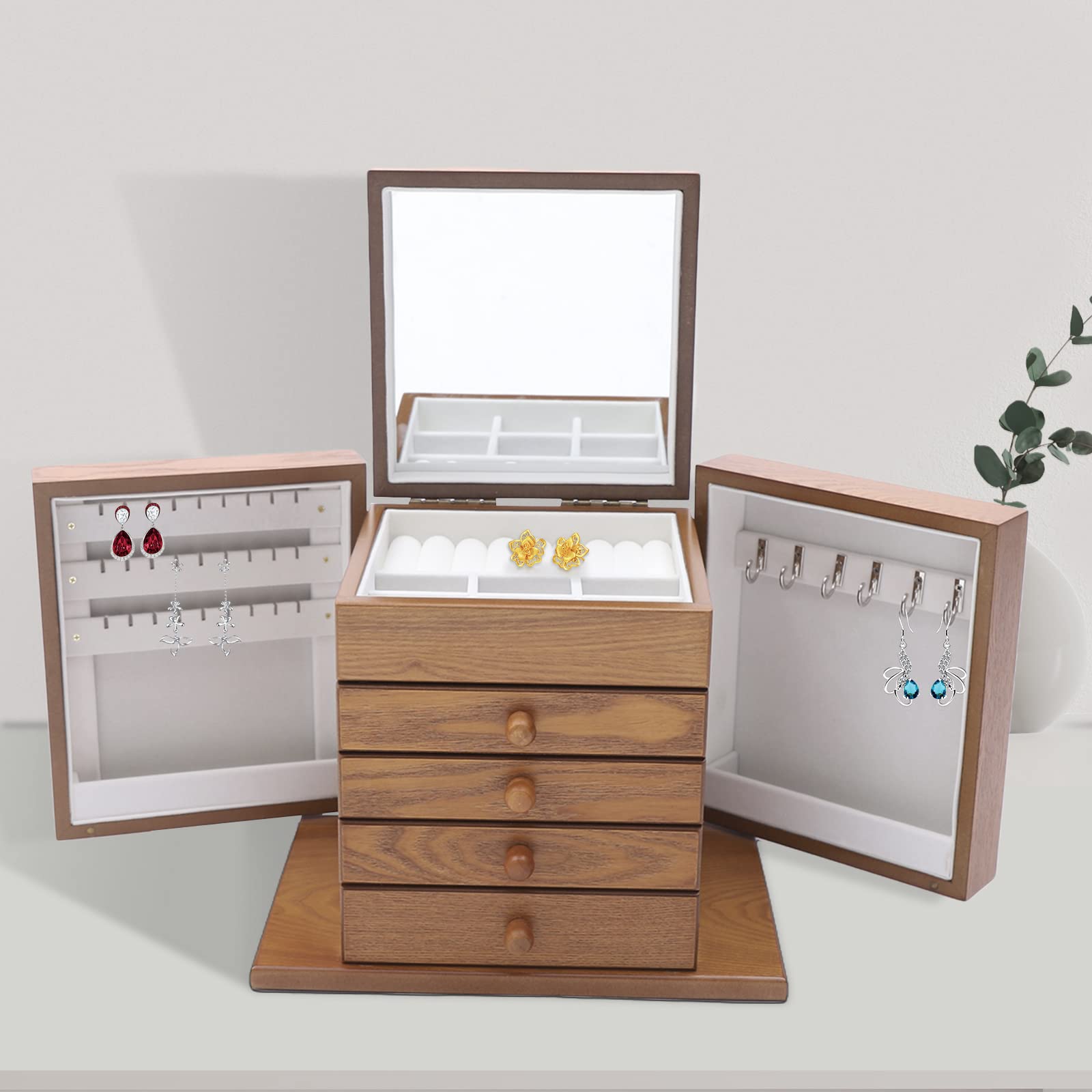 Vintage 5-Layer Mirrored Jewelry Box Organizer for Necklaces, Earrings, Rings & Watches - Light Brown Storage Case (11.8x7.8x9.8 inches) - Perfect for Bedroom Vanity, Dresser Top & Travel Jewelry Organization