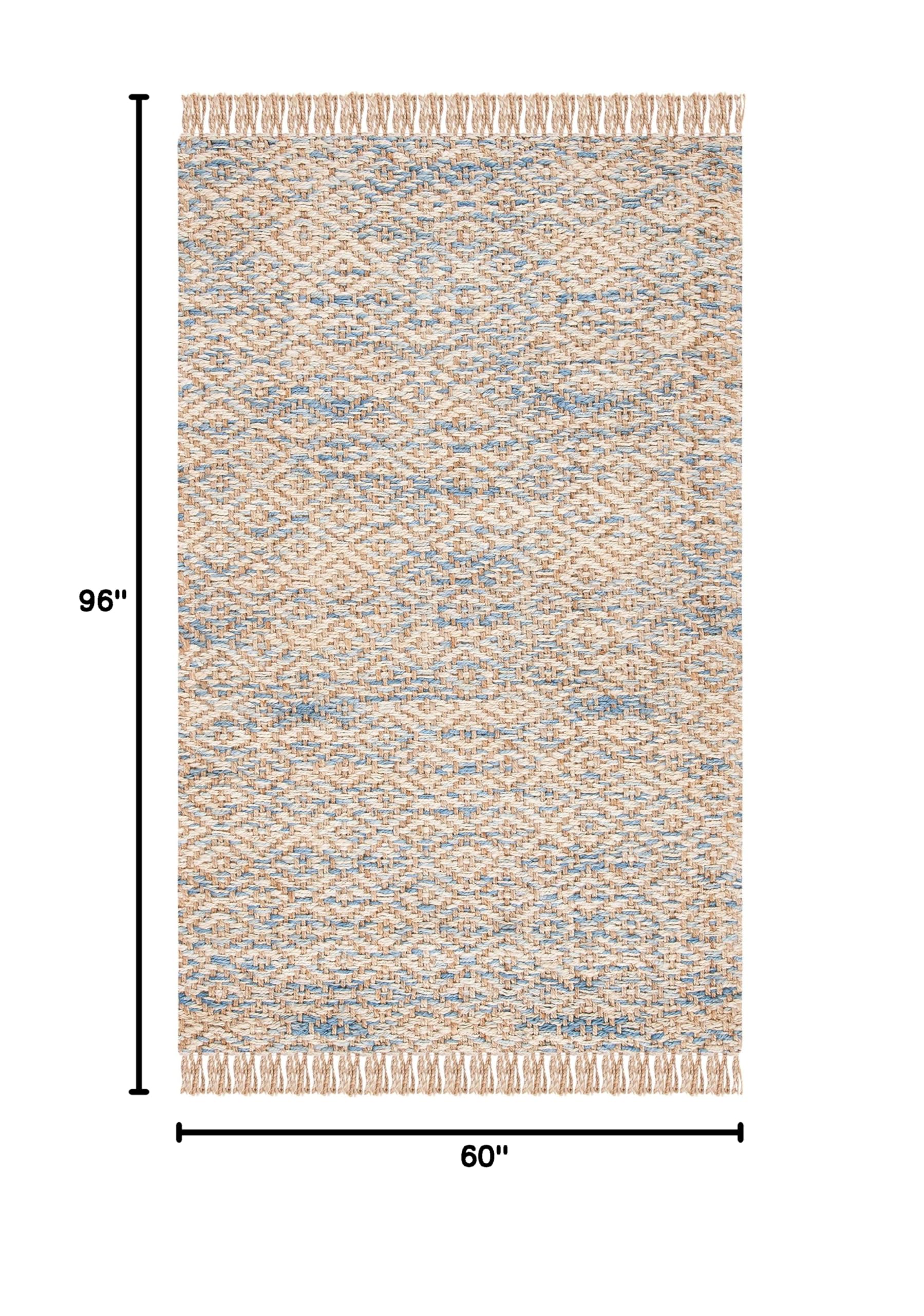 SAFAVIEH Handmade Woven Jute Area Rug 5' x 8' - Natural & Blue, Fringe Detail, Eco-Friendly Natural Fiber for Living Room, Bedroom & High Traffic Areas | Durable Floor Decor for Cozy Home & Office Spaces (NF822A)