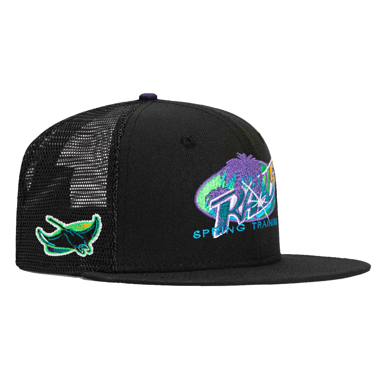 New Era 59Fifty Tampa Bay Rays Logo Patch Spring Training Trucker Hat - Black | Adjustable Snapback Baseball Cap for Men & Women | Perfect for Baseball Games, Outdoor Activities & Sports Fans