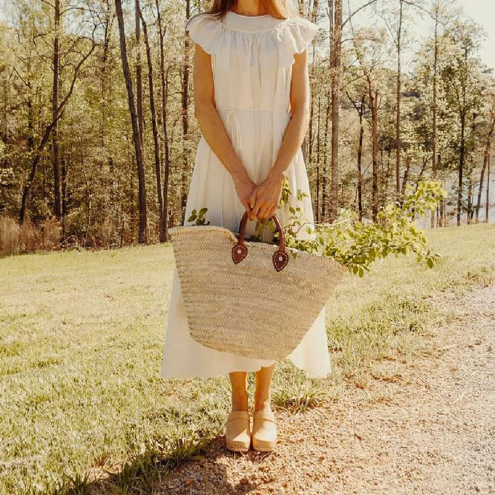 French Straw Basket Bag with Leather Handles - Woven Wicker Beach Tote, Market Shopping Basket - Perfect for Beach Outings, Farmers Market & Boho Chic Style