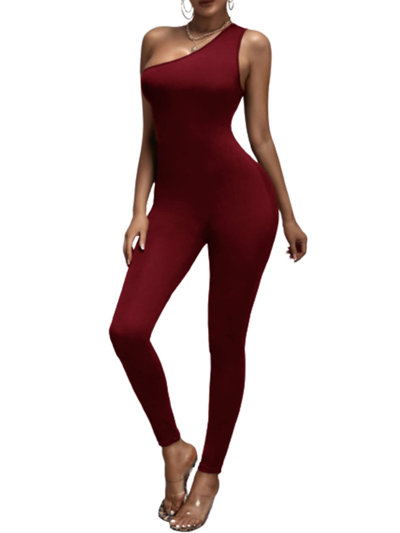 WDIRARA Women's One Shoulder Sleeveless High Waist Jumpsuit - Elegant Bodycon Romper with Pants for Party, Club, Date Night & Evening Wear