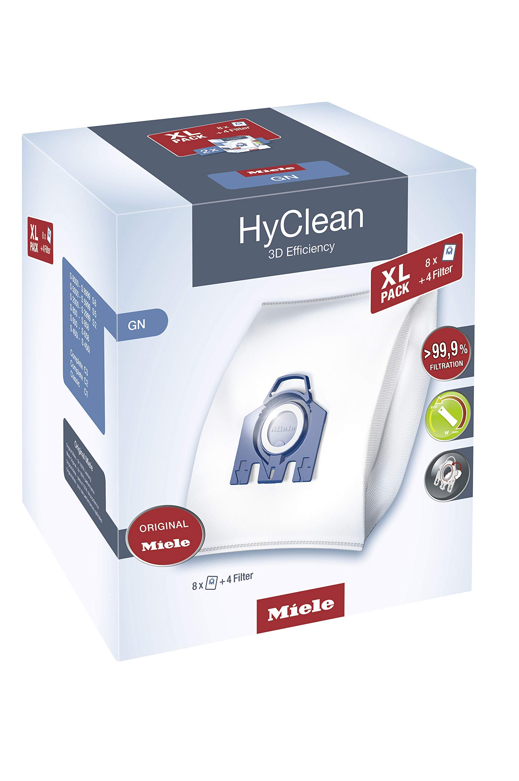 Miele 10455000 XL Pack HyClean 3D GN Vacuum Cleaner Bags - Dust Retention Technology for Miele Canister Vacuums - Ideal for Pet Hair, Allergies & Deep Cleaning Homes
