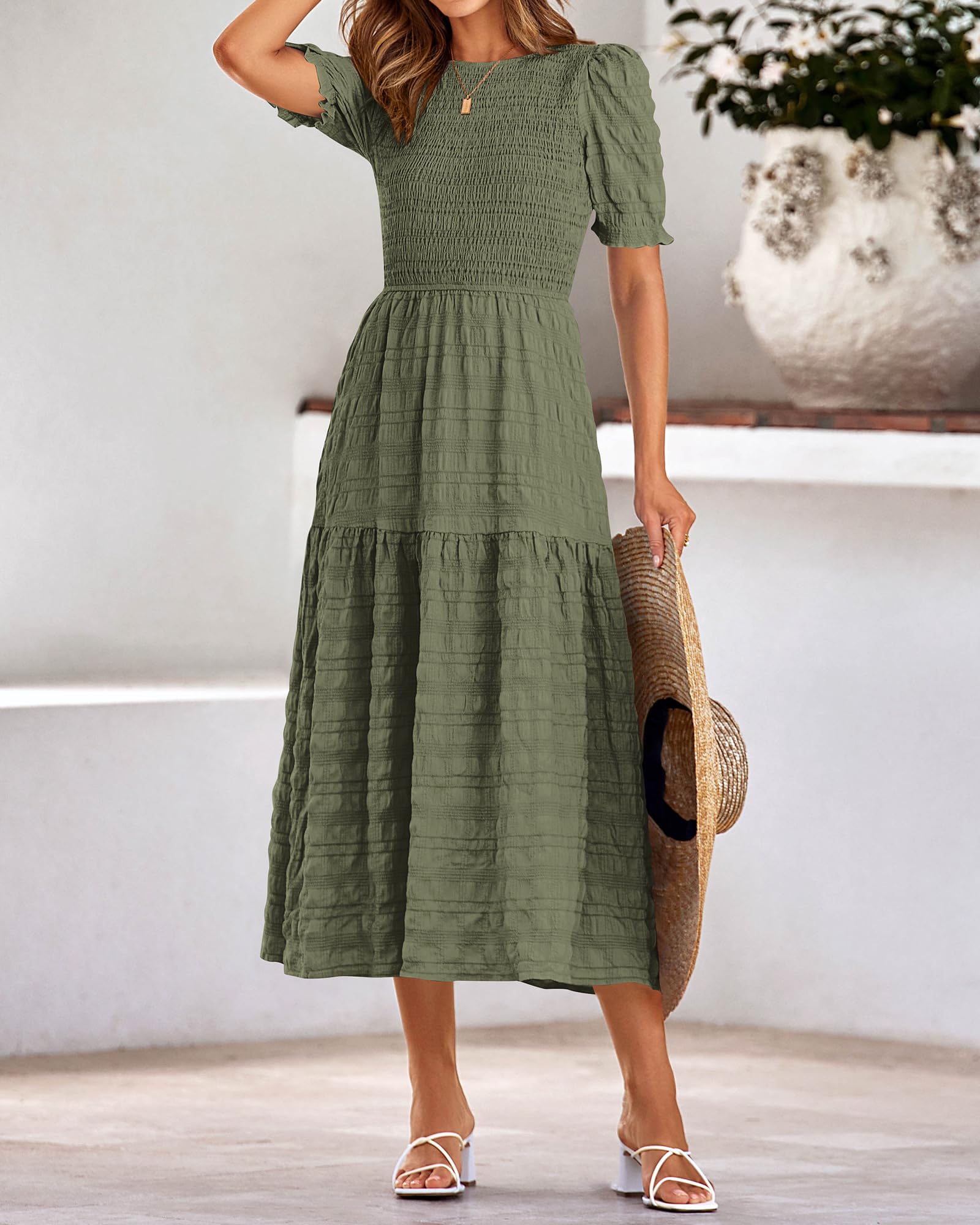 Dowerme Women's Summer Dresses 2025 - Casual Puff Short Sleeve Crewneck Smocked Flowy Ruffle Boho Maxi Sundress for Beach, Party & Vacation Wear