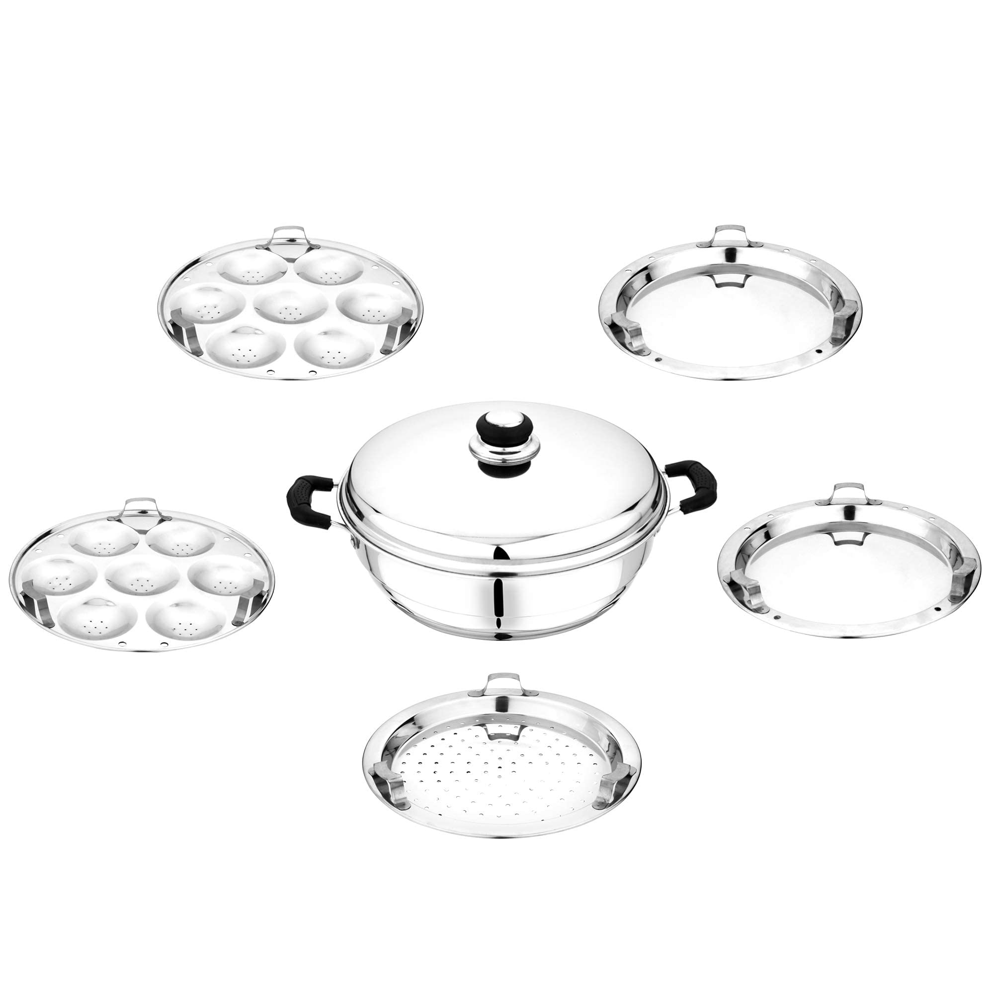 Premium Stainless Steel Tri-Ply Induction Compatible Kadai with Lid & 5 Stackable Plates (2 Idli, 2 Dhokla, 1 Patra) - 27cm/4.75L Multipurpose Indian Cookware for Steaming, Frying & Serving - Perfect for Home Kitchens & Indian Cooking