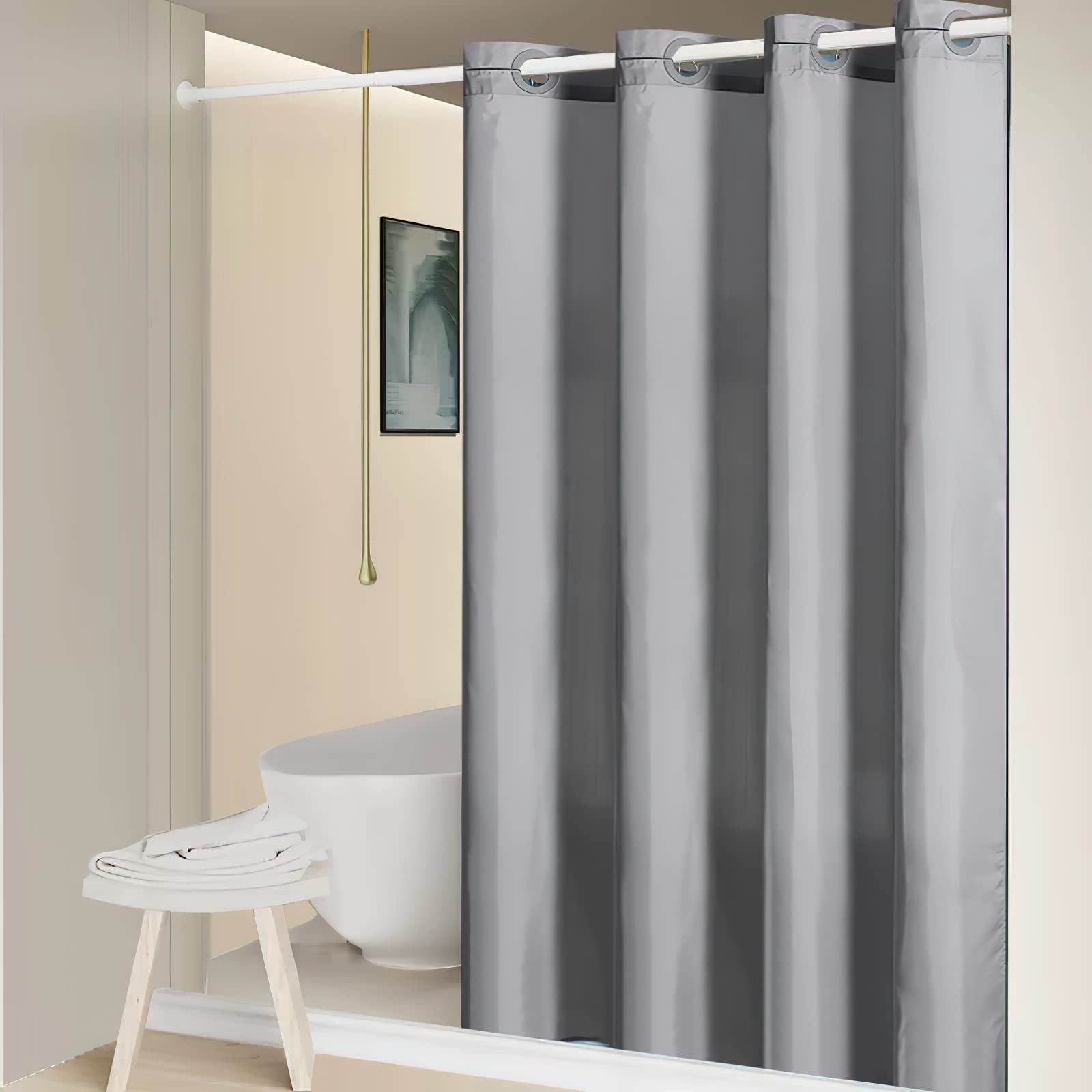 Furlinic No Hook Stall Shower Curtain - Small Narrow Fabric Bathroom Curtain with 6 Split Grommets, Waterproof & Machine Washable, Luxury Hotel Style, Light Grey, Half Size 48x72 Inch - Perfect for Small Bathrooms, Apartments, and RVs