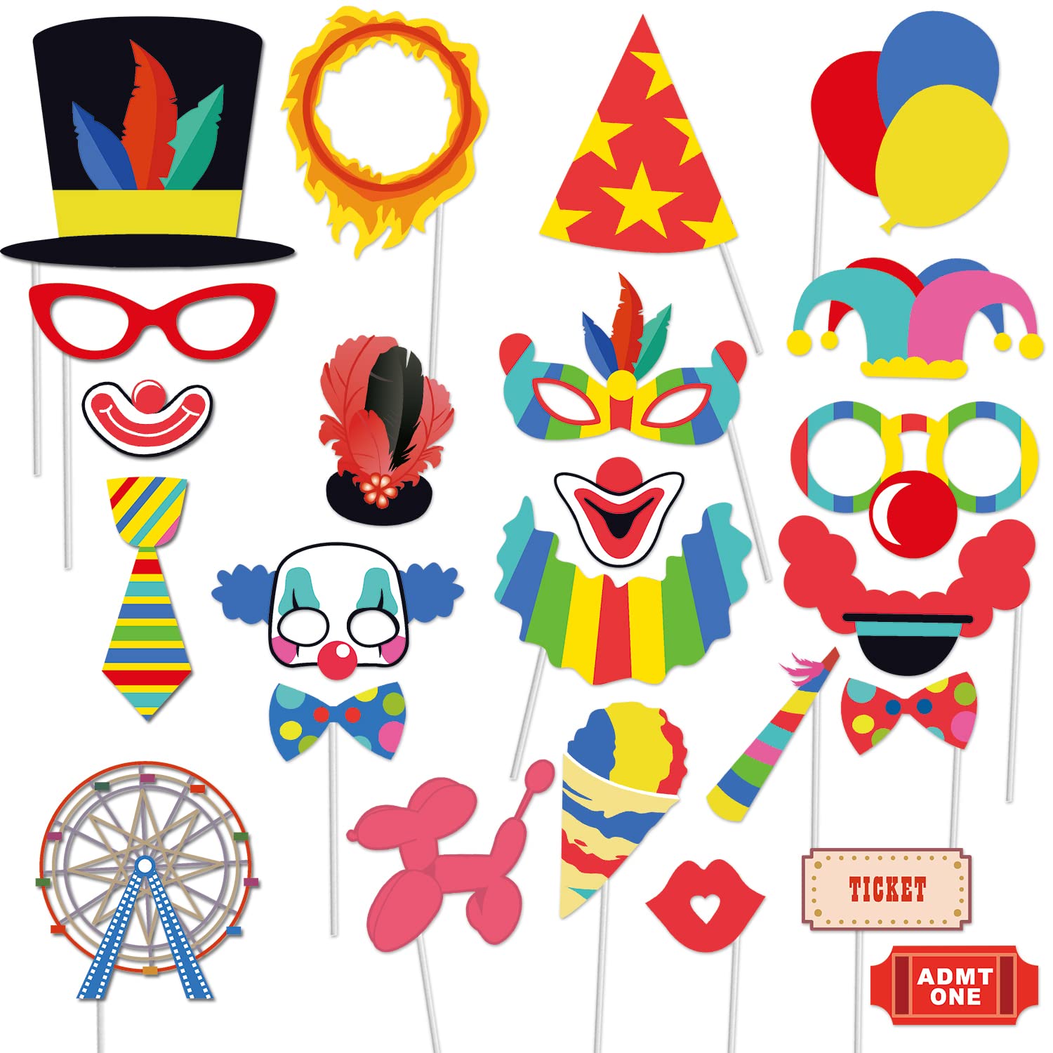 Circus Carnival Birthday Photo Booth Props Kit - 24Pcs Fun Party Favors for Birthday, Bachelorette & Baby Shower - Wooden Stick Dress-up Accessories for Carnival Themed Events & Social Media Photos