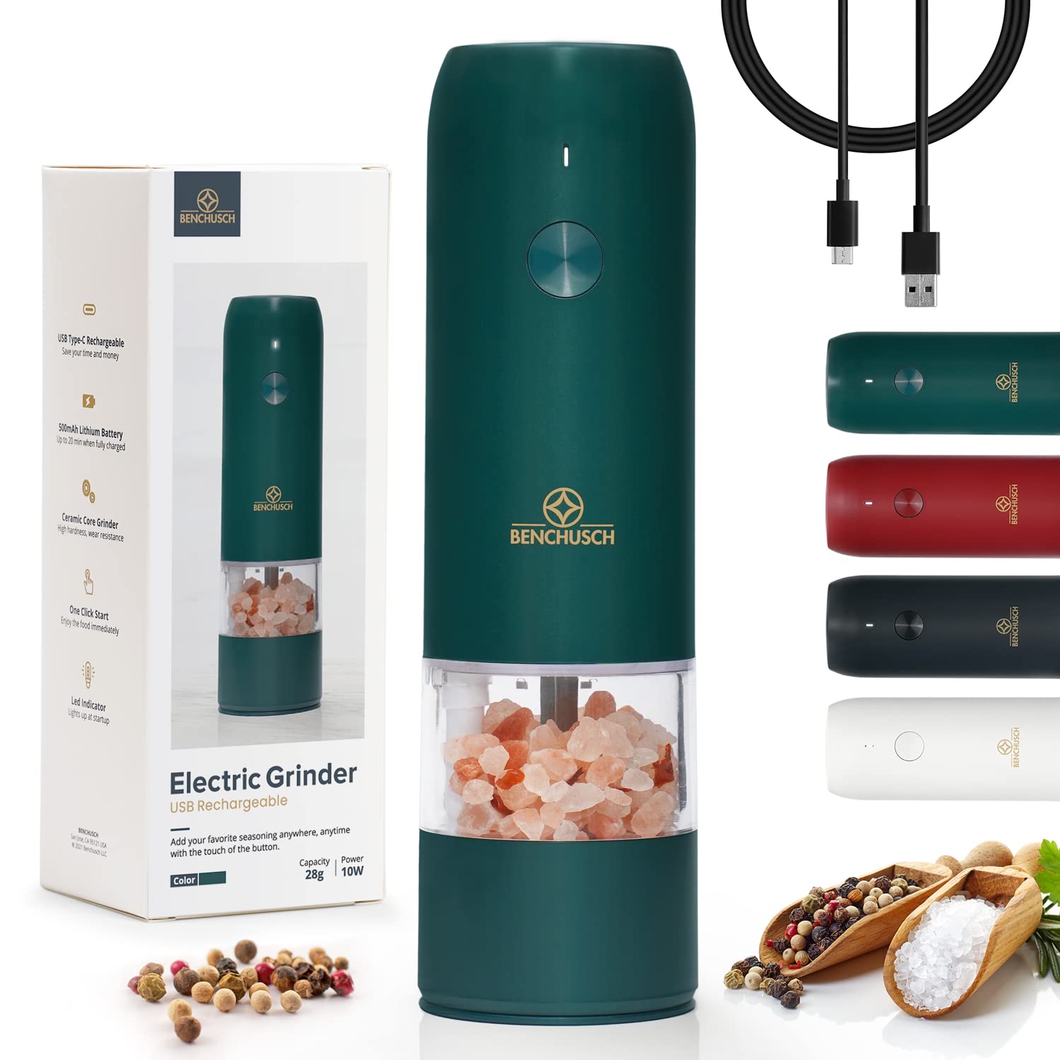 Electric Salt and Pepper Grinder Set - USB Rechargeable Adjustable Ceramic Mill for Black Peppercorn & Sea Salt - Automatic Pepper & Spice Grinder (Green) - Perfect for Kitchen, Dining Table & Outdoor BBQ