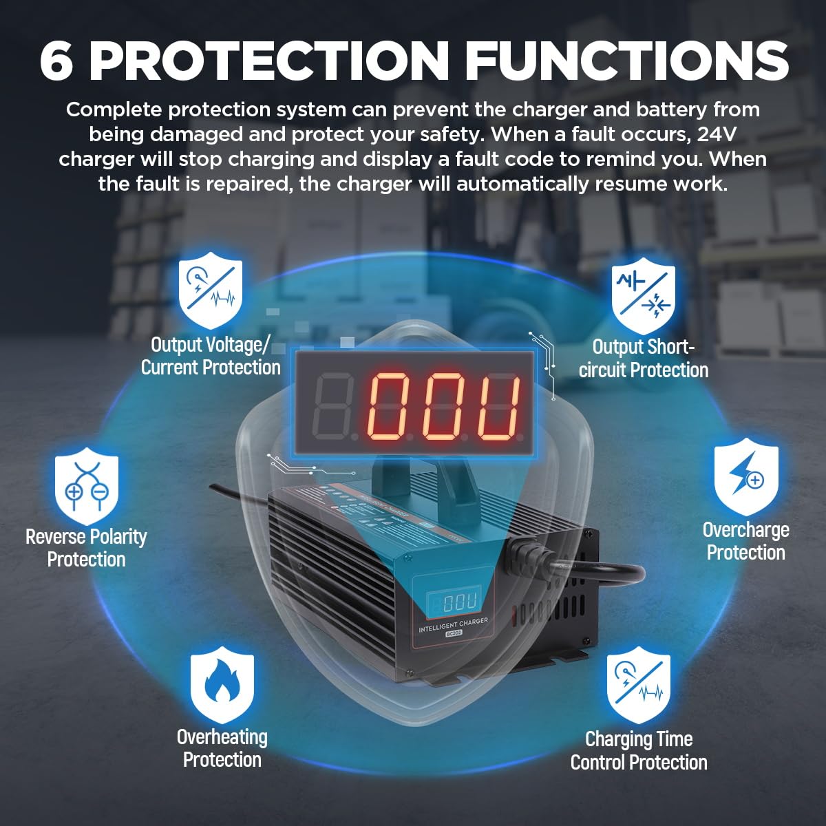 24V 20A Smart Forklift Battery Charger with LCD Display - 600W Auto Pallet Jack Charger for Electric Pallet Jack, Stacker, Floor Scrubber - Perfect for Warehouse, Logistics & Industrial Equipment Maintenance