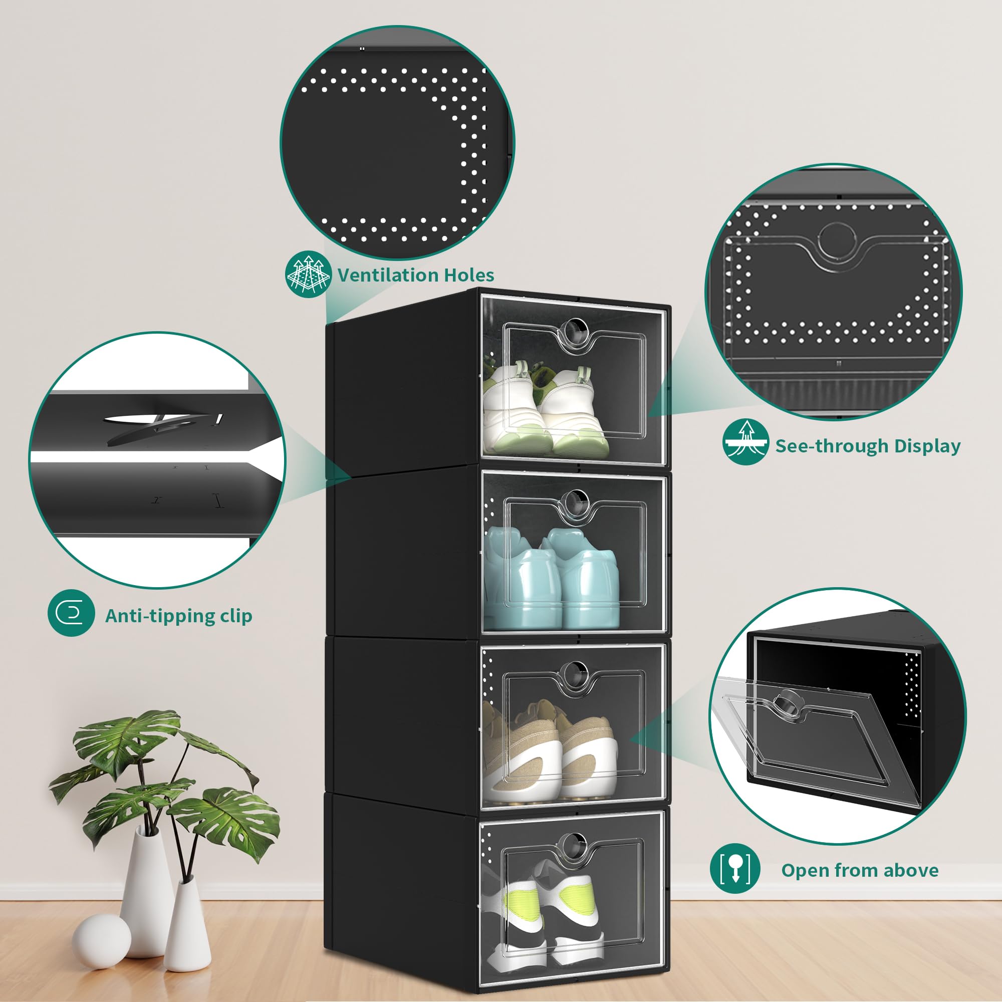 YITAHOME XL 24-Pack Shoe Storage Boxes - Fits Up to US Men's Size 15, Stackable Plastic Shoe Organizer Bins with Clear Front for Sneakers & Boots - Perfect for Closet, Bedroom & Entryway Organization (Black)