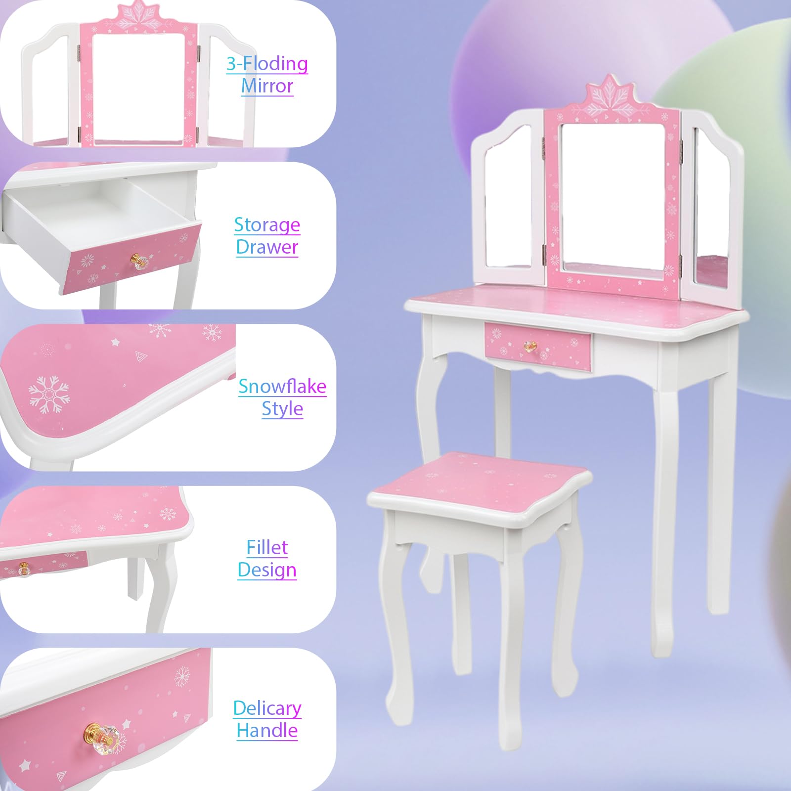 BELANITAS Kids Vanity Set with Mirror - Tri-Folding Vanity Table & Chair Set for Girls, Pink Princess Makeup Dressing Table with Drawer & Stool, 2-in-1 Toy Storage & Play Set - Perfect for Birthday Gifts, Pretend Play & Bedroom Decor