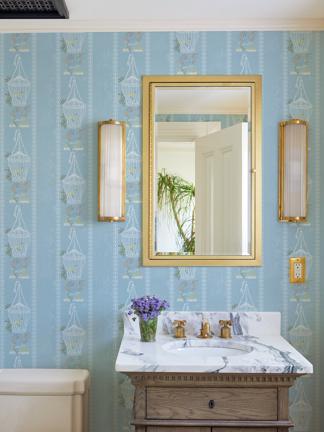 Lingua Franca Blue Embroidered Birdcages Wallpaper - Elegant Home Decor for Living Room & Bedroom