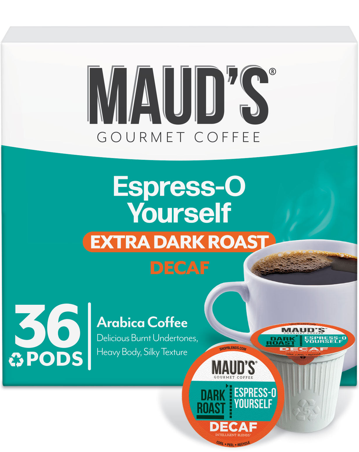 Premium Maud's Decaf Espresso Roast Coffee Pods - Dark Roast, Low Acid, 100% Arabica - Perfect for Keurig Machines, Office & Home Brewing