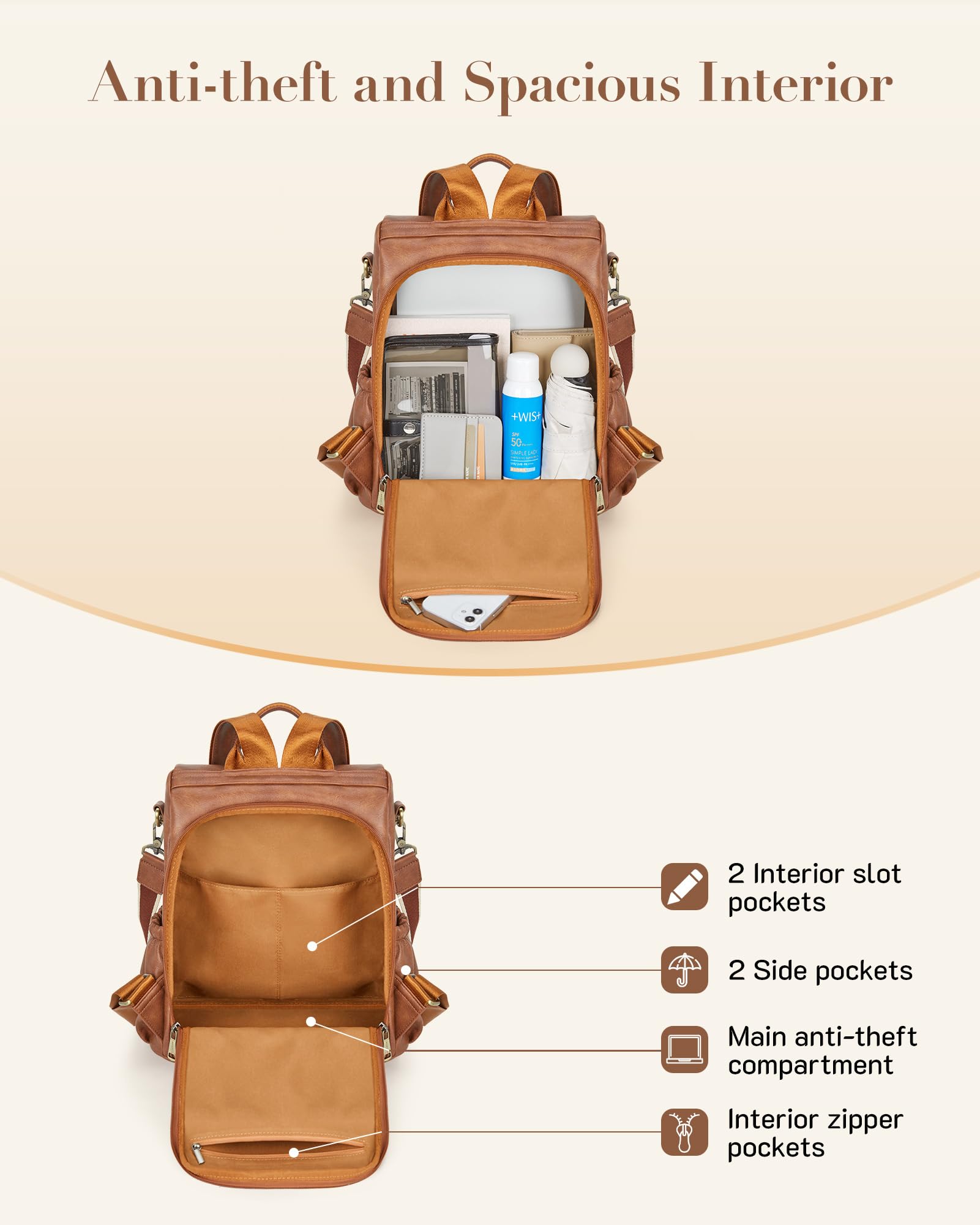 Missnine Women's PU Leather Anti-Theft Backpack Purse - Convertible Shoulder Bag & Satchel for Travel, Work & Daily Use - Stylish Brown Handbag for Commuting, Business Trips & College Campus Life