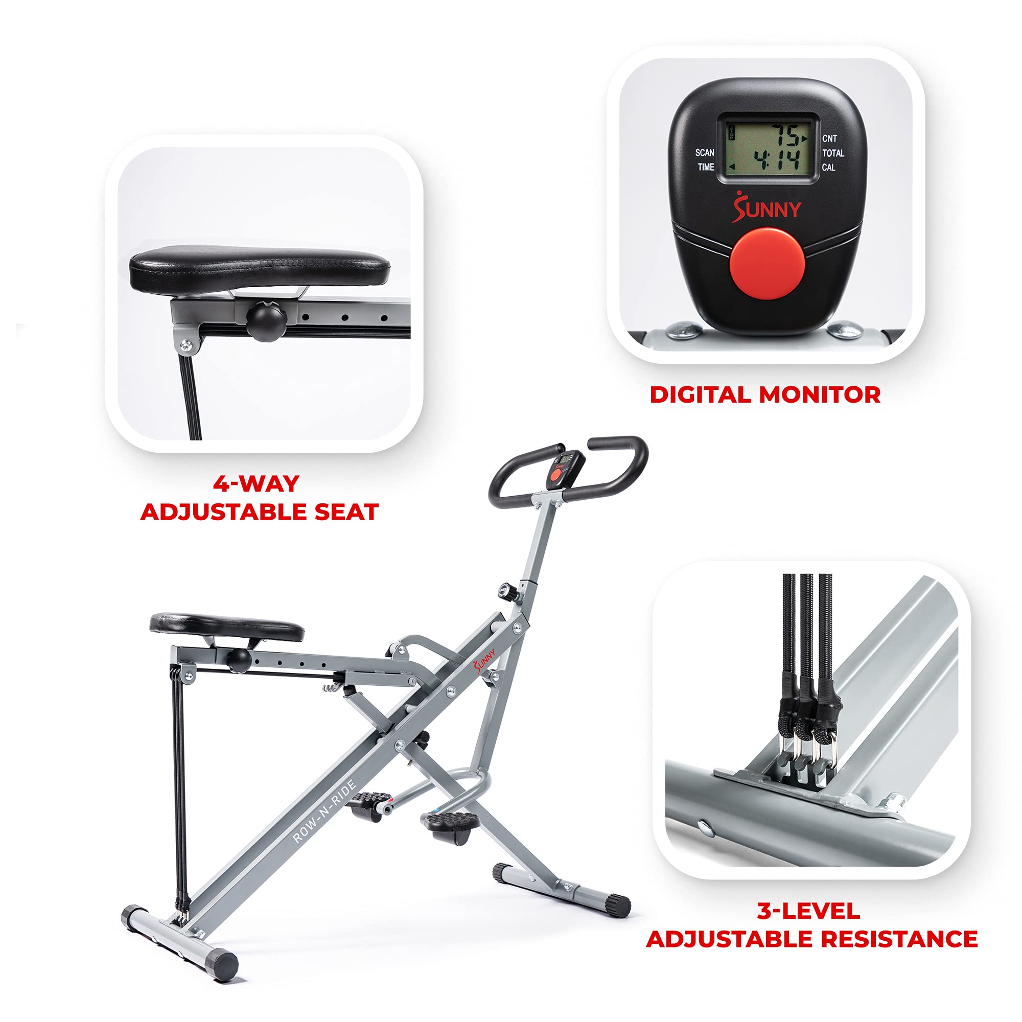 Sunny Health & Fitness Row-N-Ride Squat Machine - Home Gym Equipment for Glutes, Abs & Full Body Workout | DB Method Assisted Trainer for Butt Building & Toning | Perfect for Home Exercise & Small Spaces