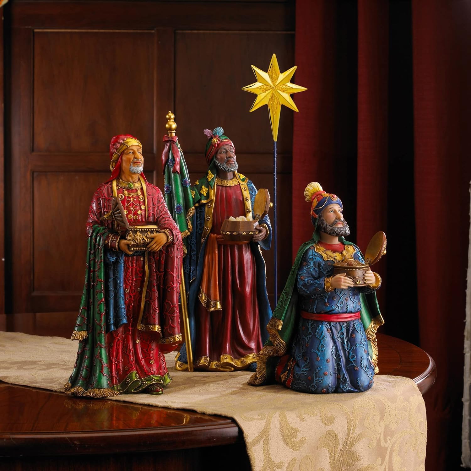 Three Kings Gifts Nativity Scene Set - 11-Piece Christmas Figurines with Magi, Wise Men, Angel, Shepherds, and Holy Family - Real Gold Accents for 10-Inch Scale Collections - Perfect for Holiday Decor, Church Displays & Christmas Tabletop Scenes