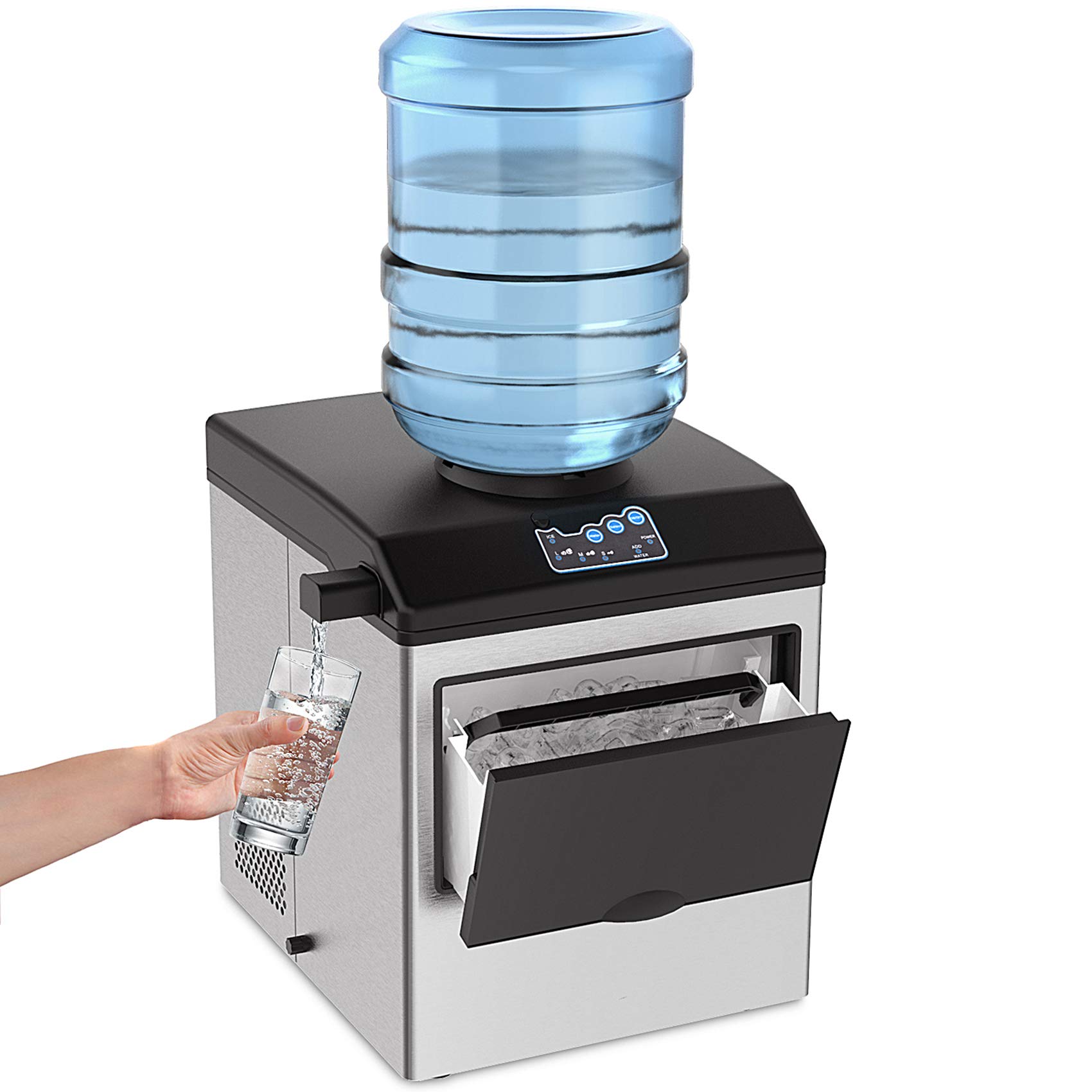 2 in 1 Countertop Ice Maker Machine - 48lbs Daily Output, Stainless Steel Portable Ice Cube Maker with Scoop & 4.5lb Storage Basket - Perfect for Home, Office, Parties & Outdoor Activities