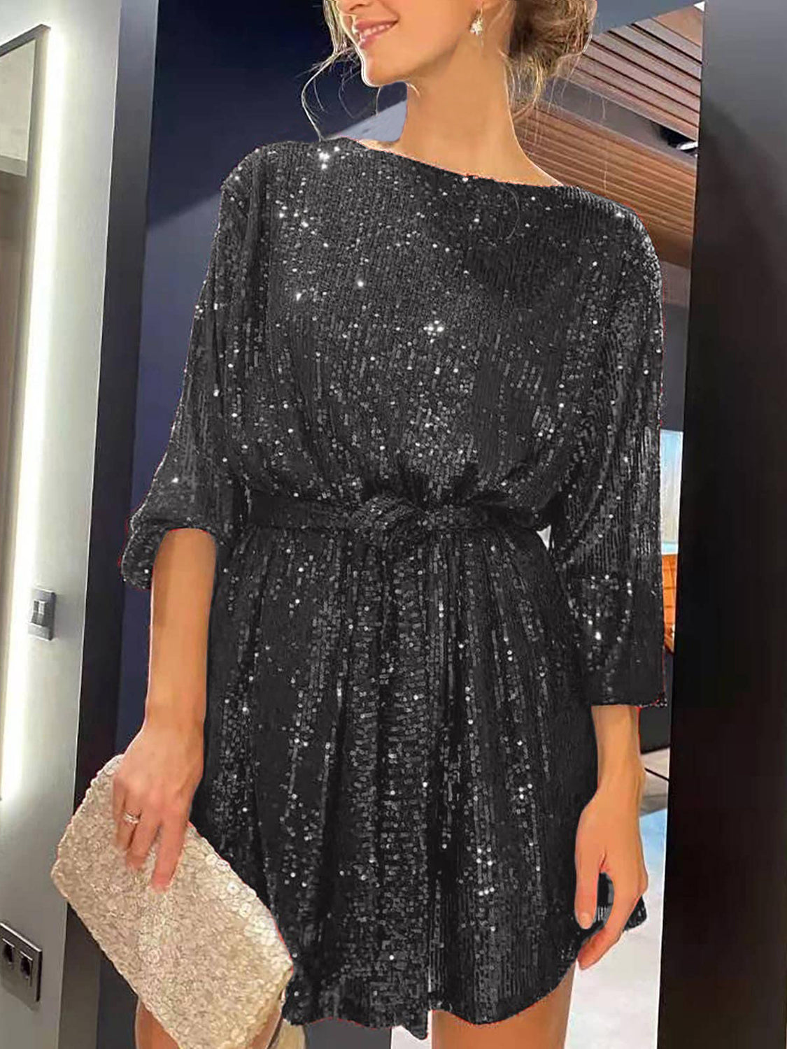 Sparkly Sequin Tie Waist Long Sleeve Mini Cocktail Party Dress for Women | Elegant Clubwear & Holiday Outfit | Perfect for Night Out, Christmas Party & Special Occasions