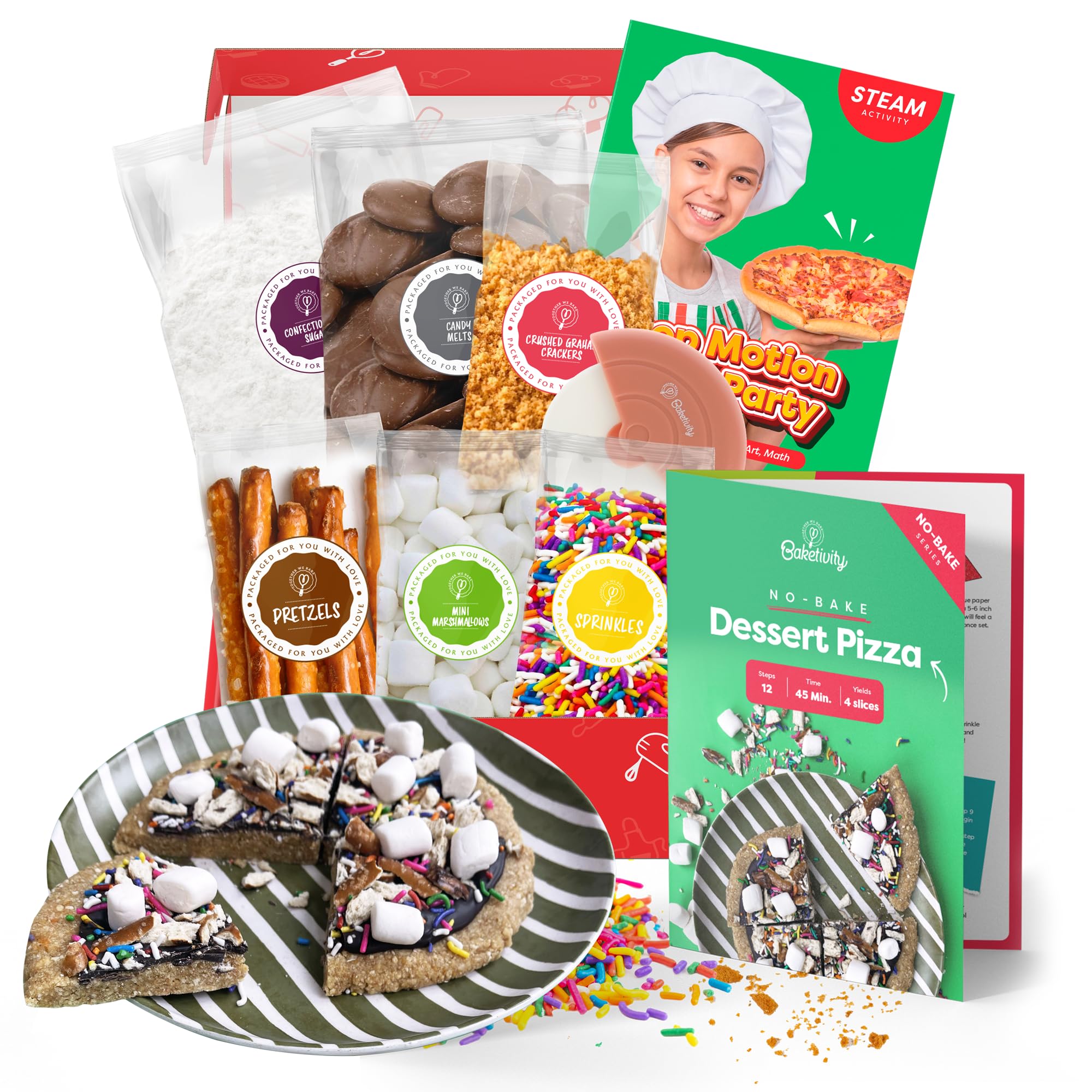 BAKETIVITY No-Bake Dessert Pizza Kit for Kids - STEAM Baking Activity Set with Educational Lesson | Fun DIY Pizza Party Baking Kit | No Oven Required for Easy Family Cooking & STEM Learning at Home