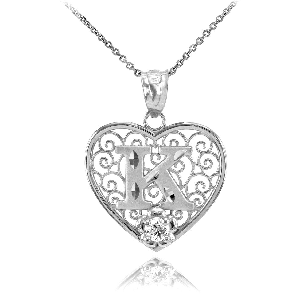 14K White Gold Filigree Heart Initial 