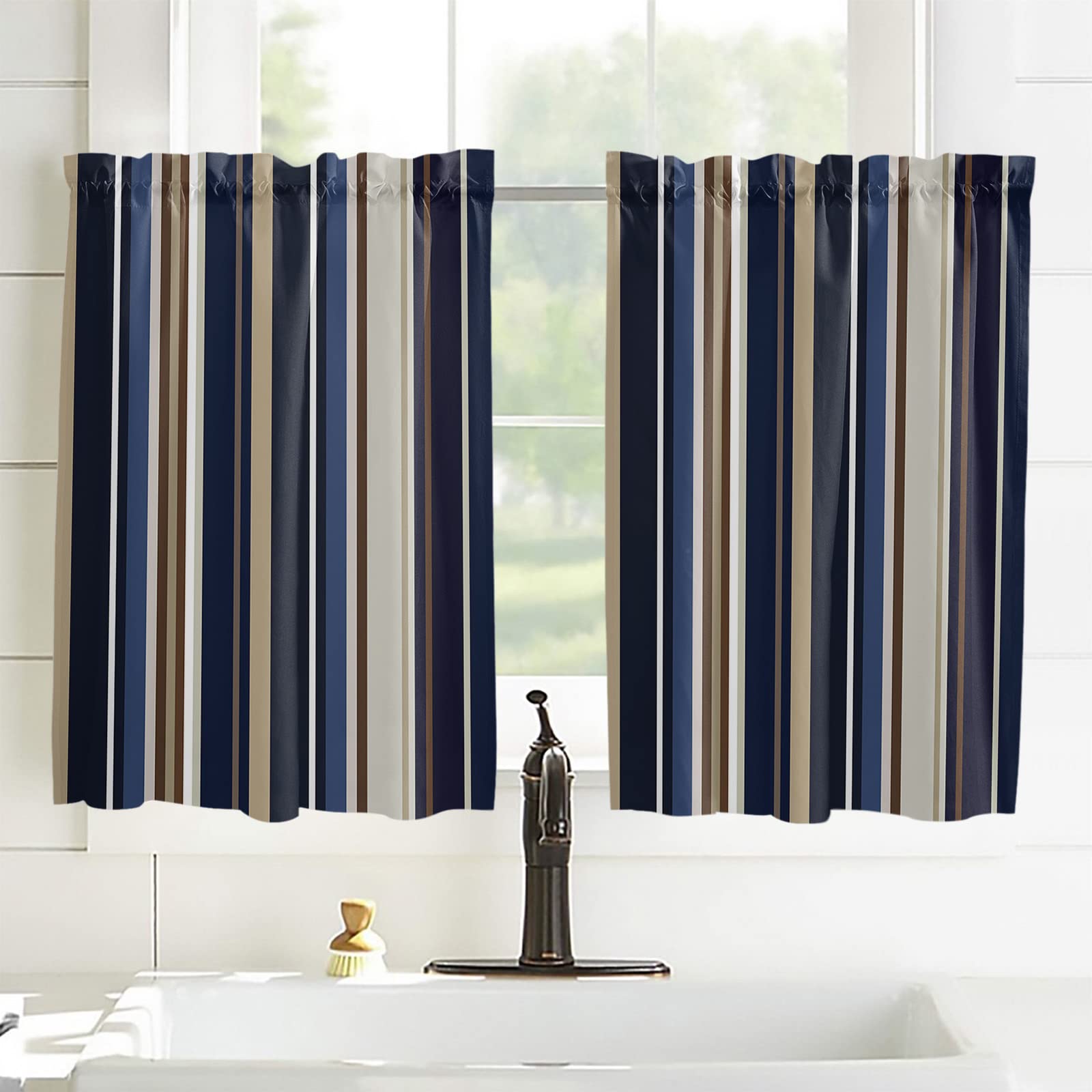 Blue and Brown Striped Kitchen Window Curtains Set - 2 Panels 42