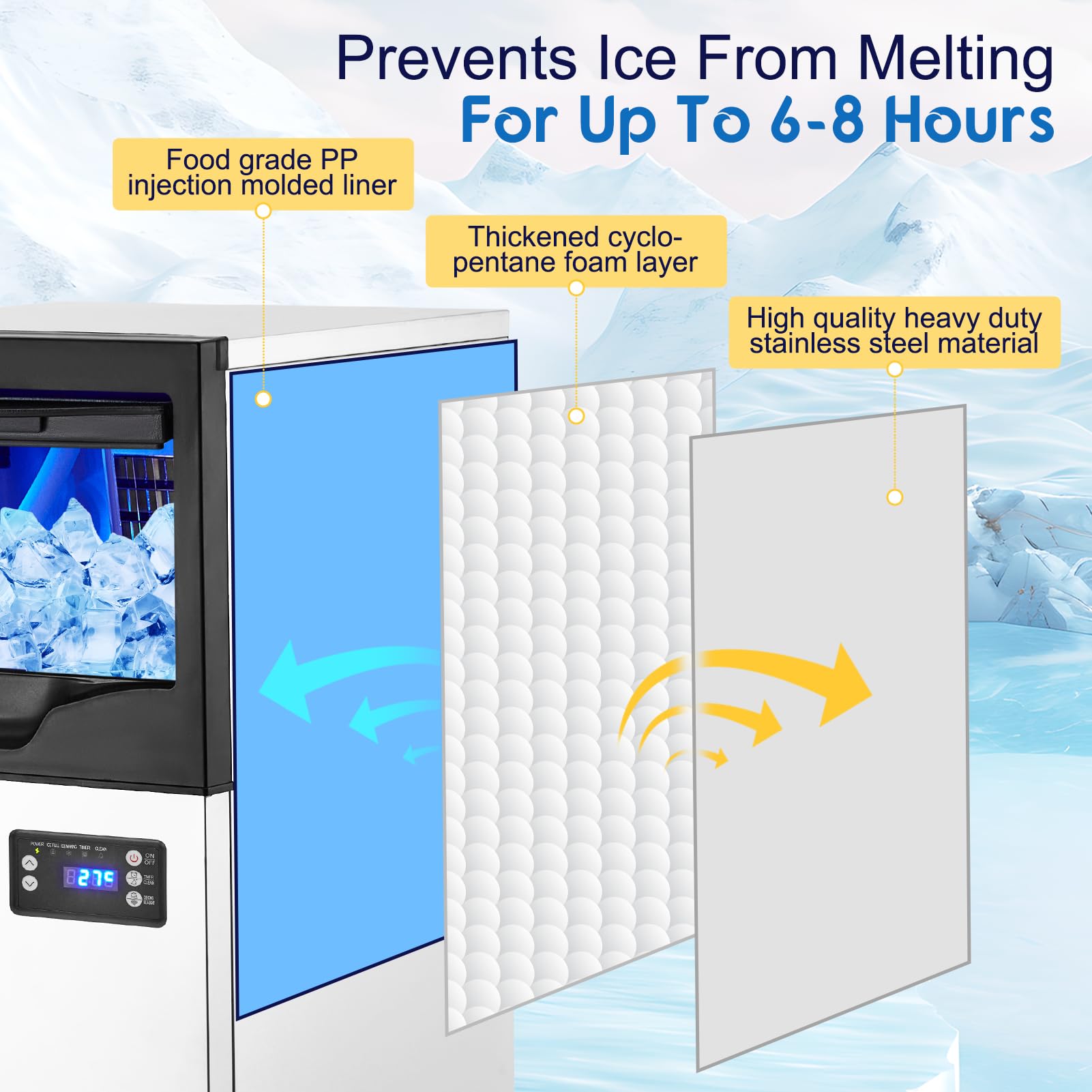 Zstar Commercial Ice Maker Machine - 33LBS Under Counter Ice Maker with LCD Display & Self-Cleaning, Stainless Steel Freestanding Ice Machine for Restaurants, Bars, Home Kitchen, and Outdoor Events