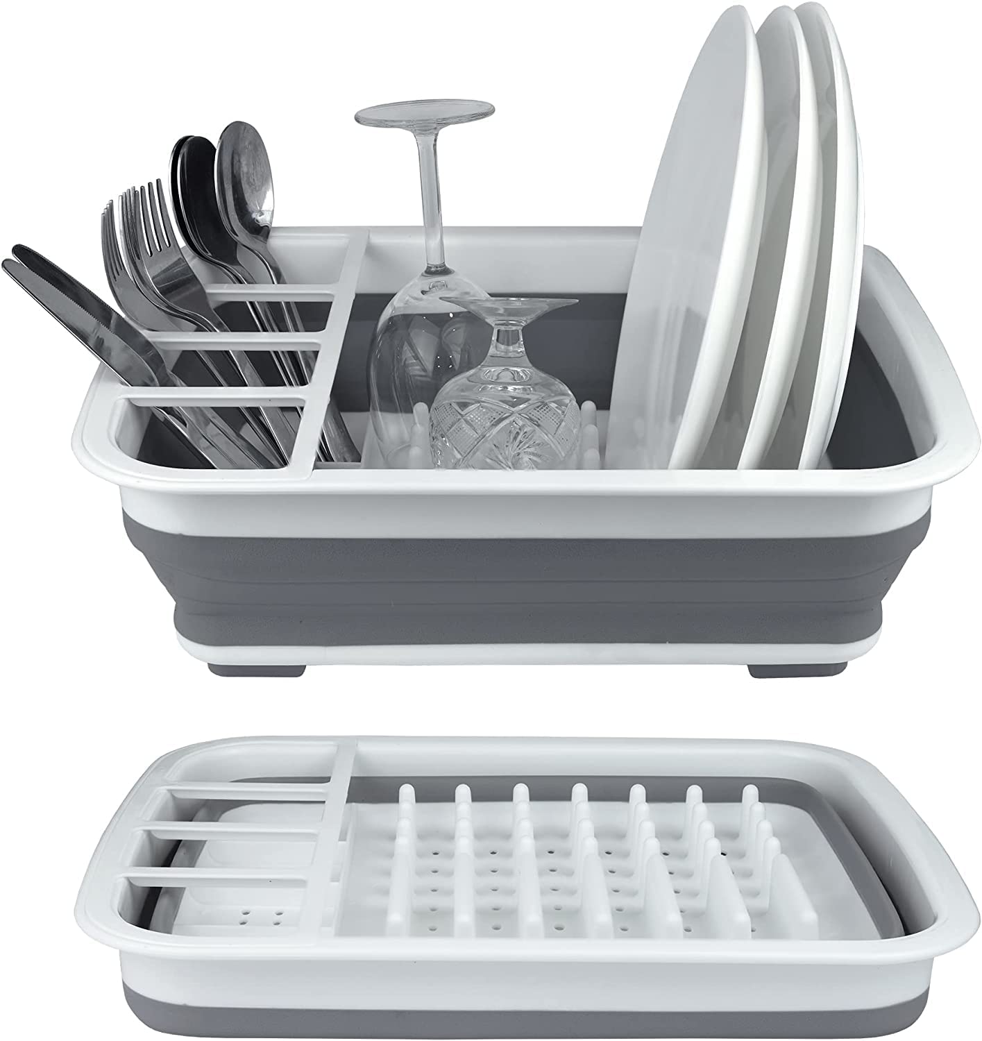 Foldable Silicone Dish Drying Rack with Utensil Holder - Space Saving Collapsible Drainer for Kitchen Counter - Perfect for Small Apartments, Camping & RV Use