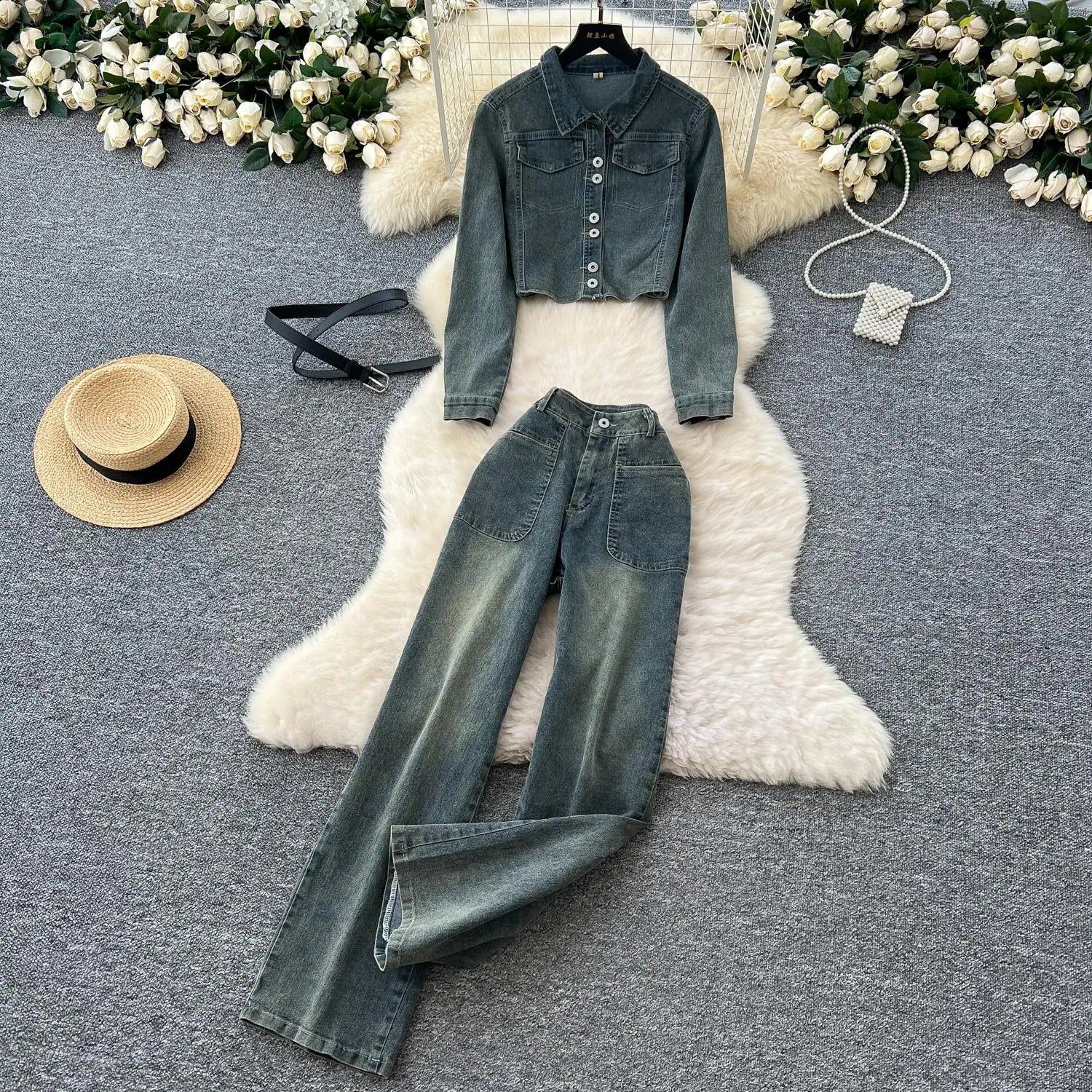 Vintage Blue Denim Two-Piece Set for Women - Single Breasted Lapel Long Sleeve Coat & High Waist Wide Leg Jeans | Fall Fashion, Casual Outfits, Retro Style, Everyday Wear