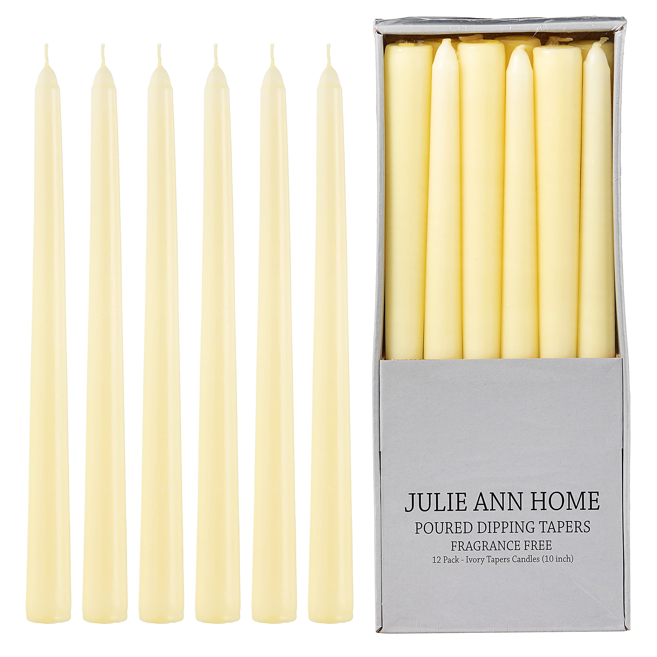 Unscented 10 Inch Ivory Taper Candles - 12 Pack Clean Burning Candlesticks for Wedding Centerpieces, Dinner Parties, Romantic Home Decor & Holiday Table Settings