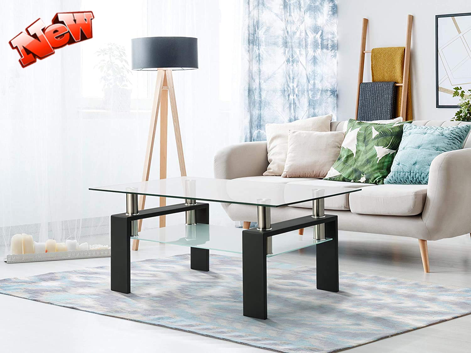 Upgraded Modern Glass Top Cocktail Coffee Table with Storage Shelf - 39 Inch Rectangle Clear Glass Center Table with Sturdy Metal Legs for Living Room, Lounge, or Office - Perfect Sofa Side Table for Home Decor and Entertaining