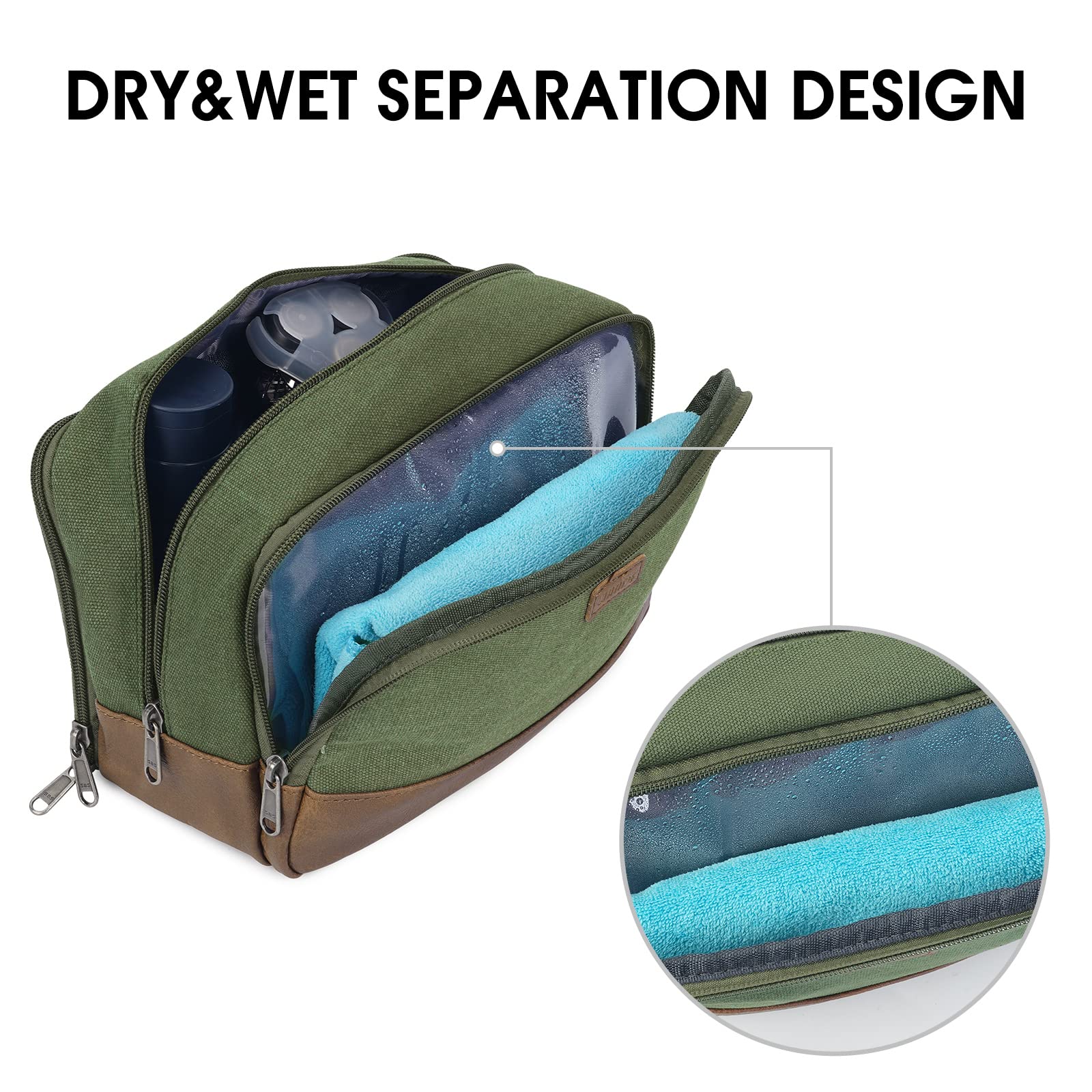 WANDF Men's Travel Toiletry Bag - Hanging Dopp Kit with Water-Resistant Vegan Leather, Canvas Toiletry Organizer for Shaving & Grooming Accessories (Green) - Perfect for Business Trips, Camping & Gym Essentials