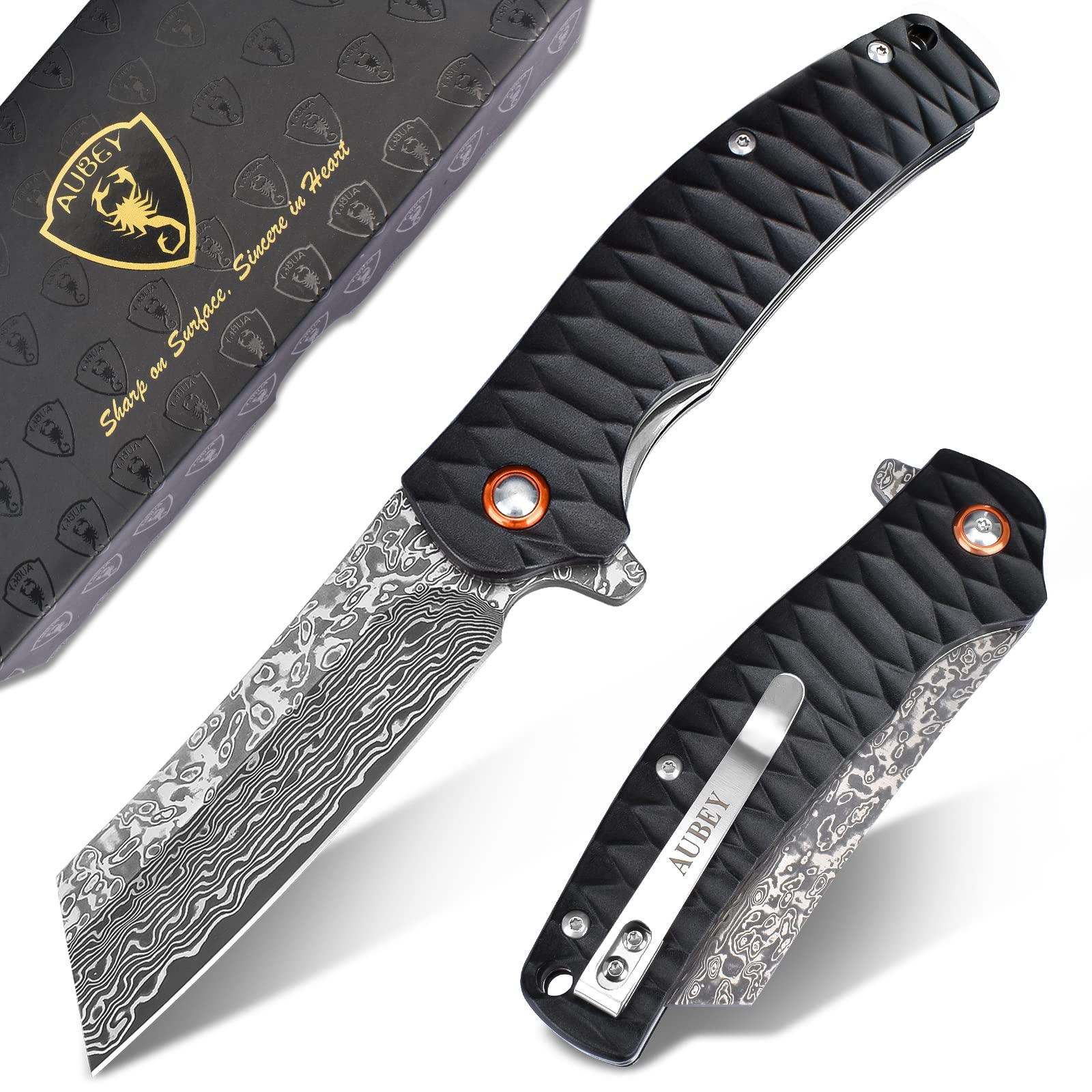 AUBEY Damascus Pocket Knife - 3.34