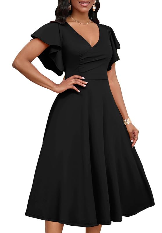 Elegant Women's Cocktail Midi Dress with V Neck & Ruffle Short Sleeve Wrap - Perfect for Wedding Guest, Semi Formal Events & A Line Party Dresses | Great for Bridal Showers, Date Nights & Special Occasions