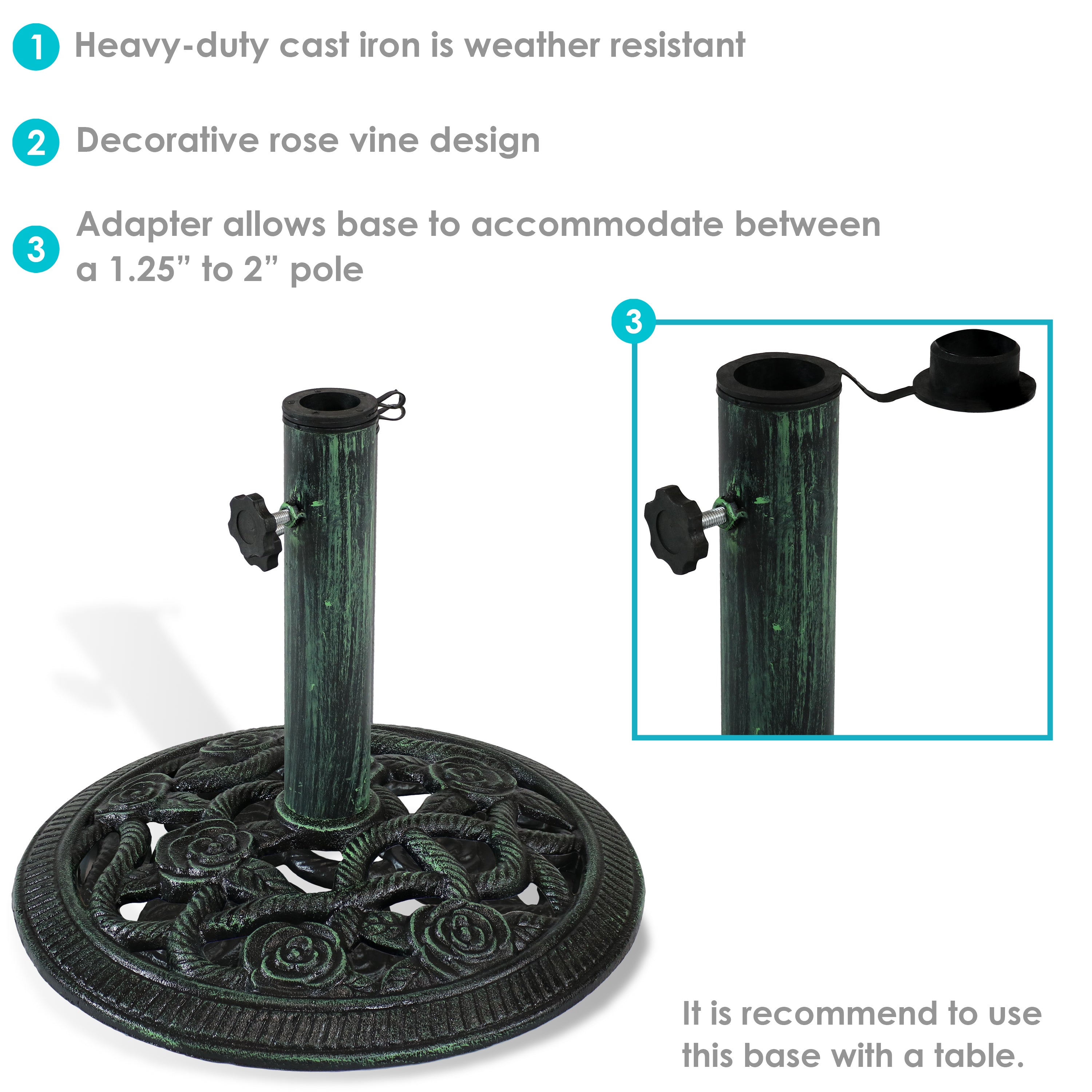Sunnydaze Rose Blossom Cast Iron Patio Umbrella Base - 16 Inch Diameter, Heavy Duty Outdoor Umbrella Stand for Garden, Deck, Poolside & Backyard Use