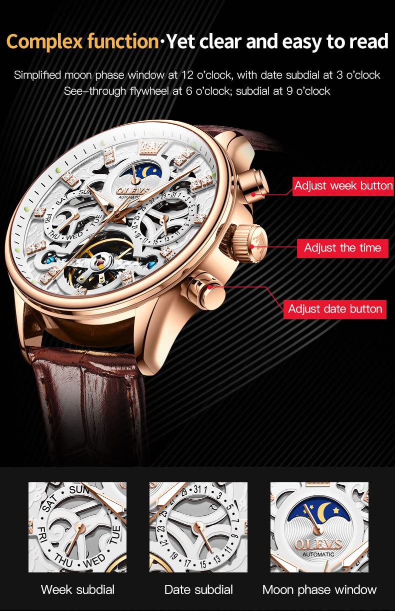 OLEVS Men's Automatic Skeleton Watch - Mechanical Dress & Casual Wristwatch with Moon Phase, Luminous Hands, Waterproof, Brown/Black Leather Strap - Perfect for Business, Formal Events & Everyday Wear