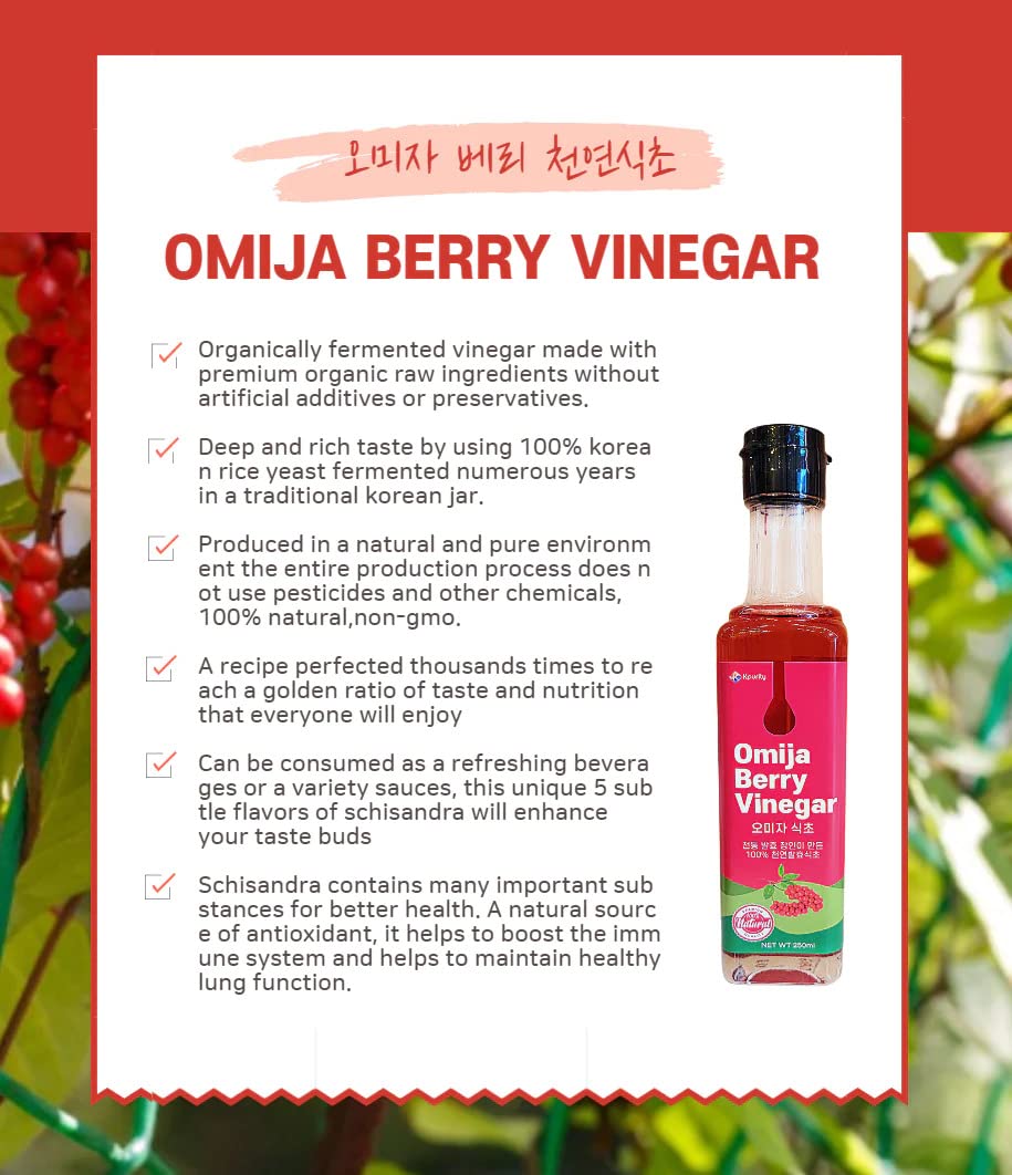 Organic Kpurity Omija Schisandra Berry Vinegar 250ml - 100% Natural, Non-GMO, Fermented Superfood for Immune Support & Digestion - Perfect for Smoothies, Salad Dressings & Wellness Shots
