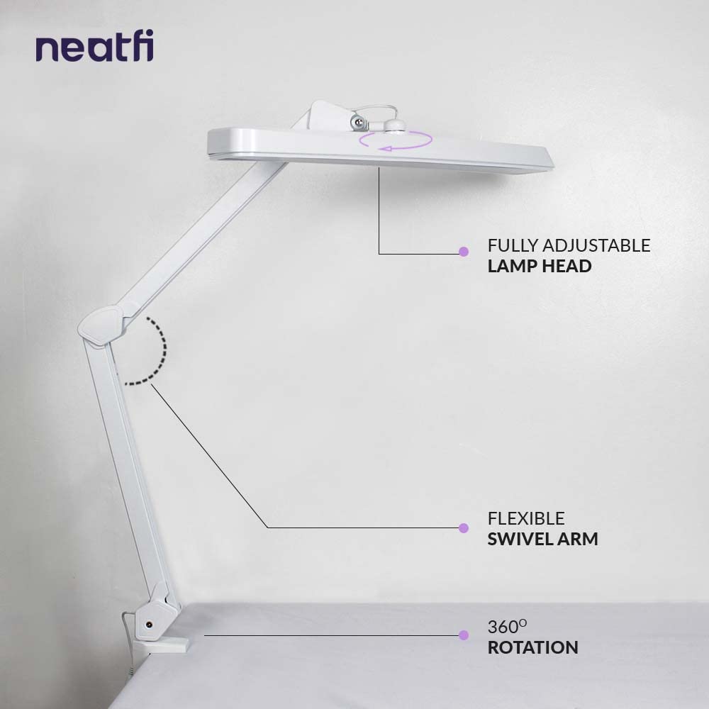 Neatfi XL 2500 Lumens LED Desk Lamp with Clamp - 22 Inch Wide Adjustable Dimmable Light, 3 Color Modes & 4 Brightness Levels - Perfect for Home Office, Study, Crafting, Nail Art & Hobbies (CCT, White) - Ideal for Reading, Working & Detailed Tasks