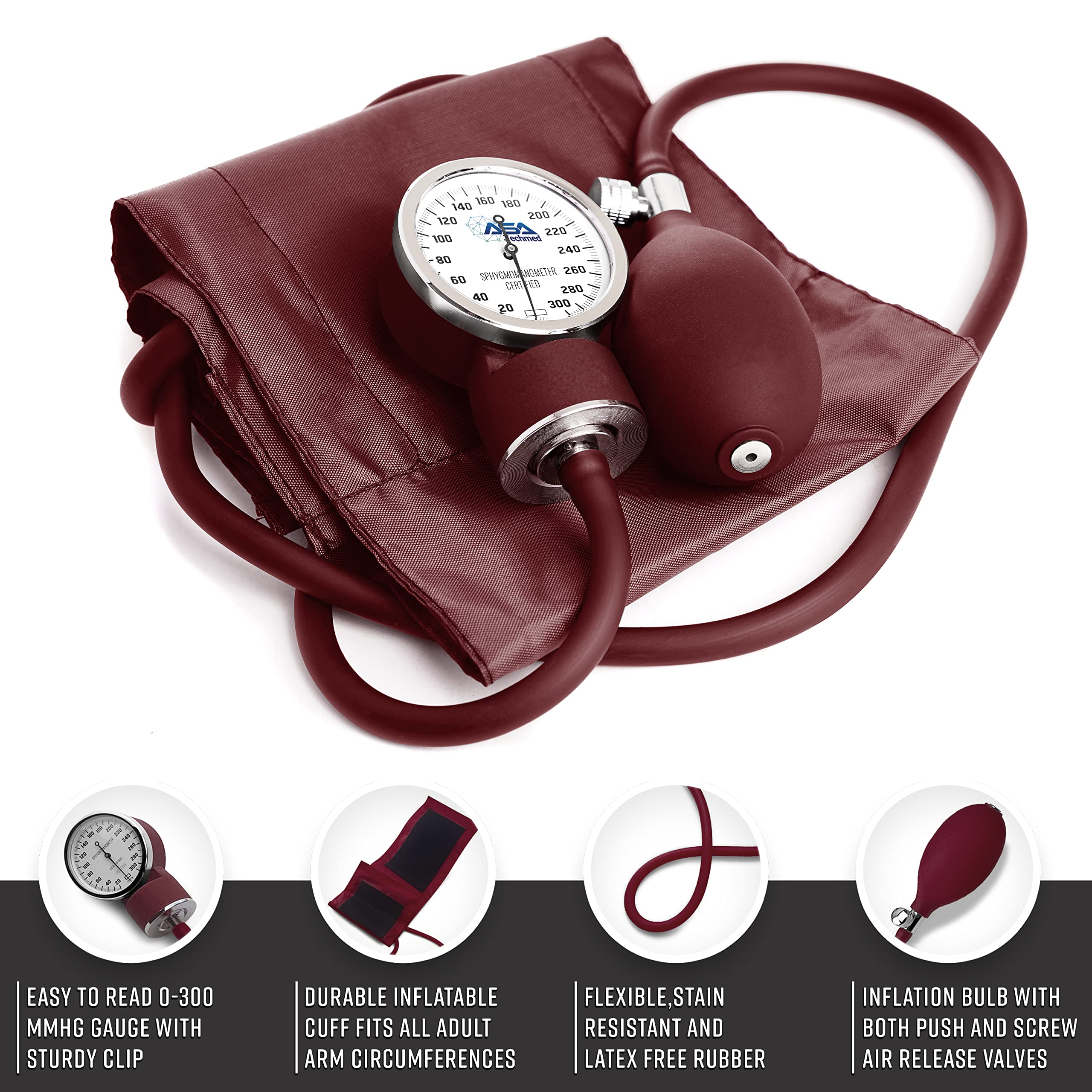 ASA TECHMED Manual Blood Pressure Monitor - Aneroid Sphygmomanometer with Universal Cuff for Home & Clinical Use - Accurate Arm Blood Pressure Measurement Device for Nurses & Adults (Maroon) - Perfect for Health Monitoring, Doctor's Office & Home Care