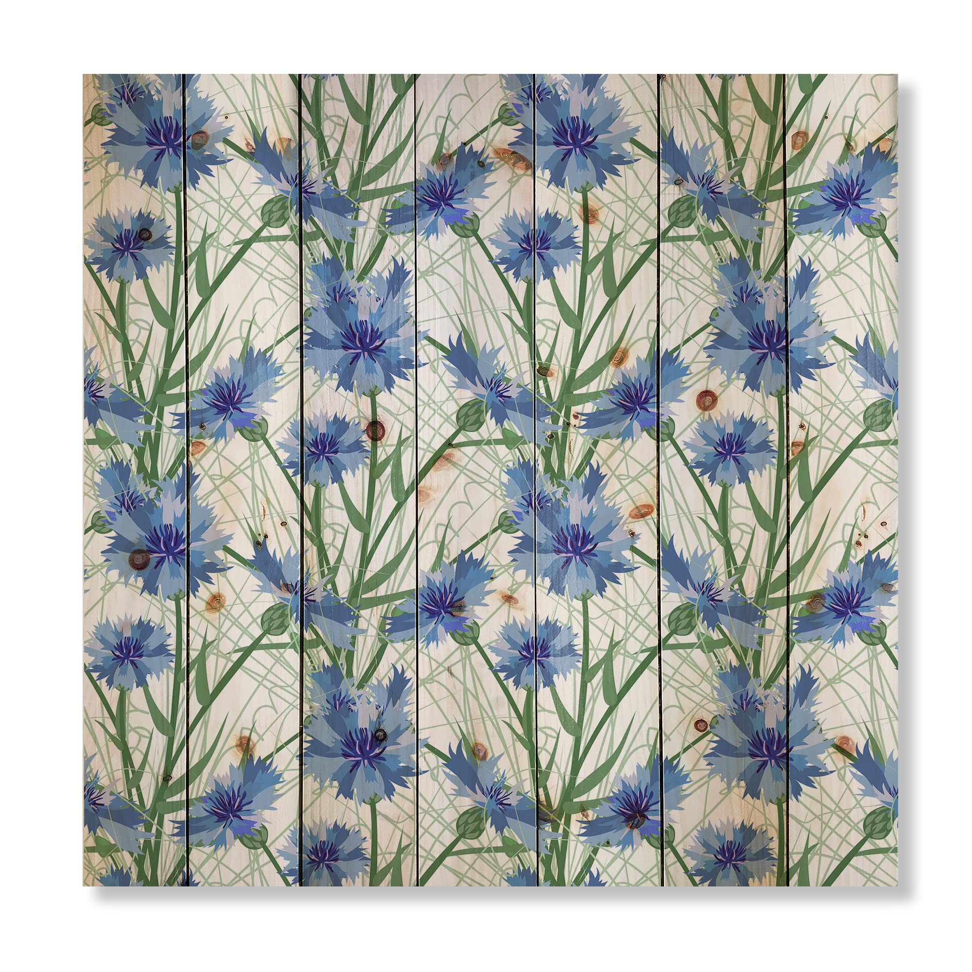 Blue Cornflowers with Green Leaves Traditional Wood Wall Decor - Handmade Floral Wood Art Panel on Natural Pine - Perfect for Living Room, Bedroom & Farmhouse Decor