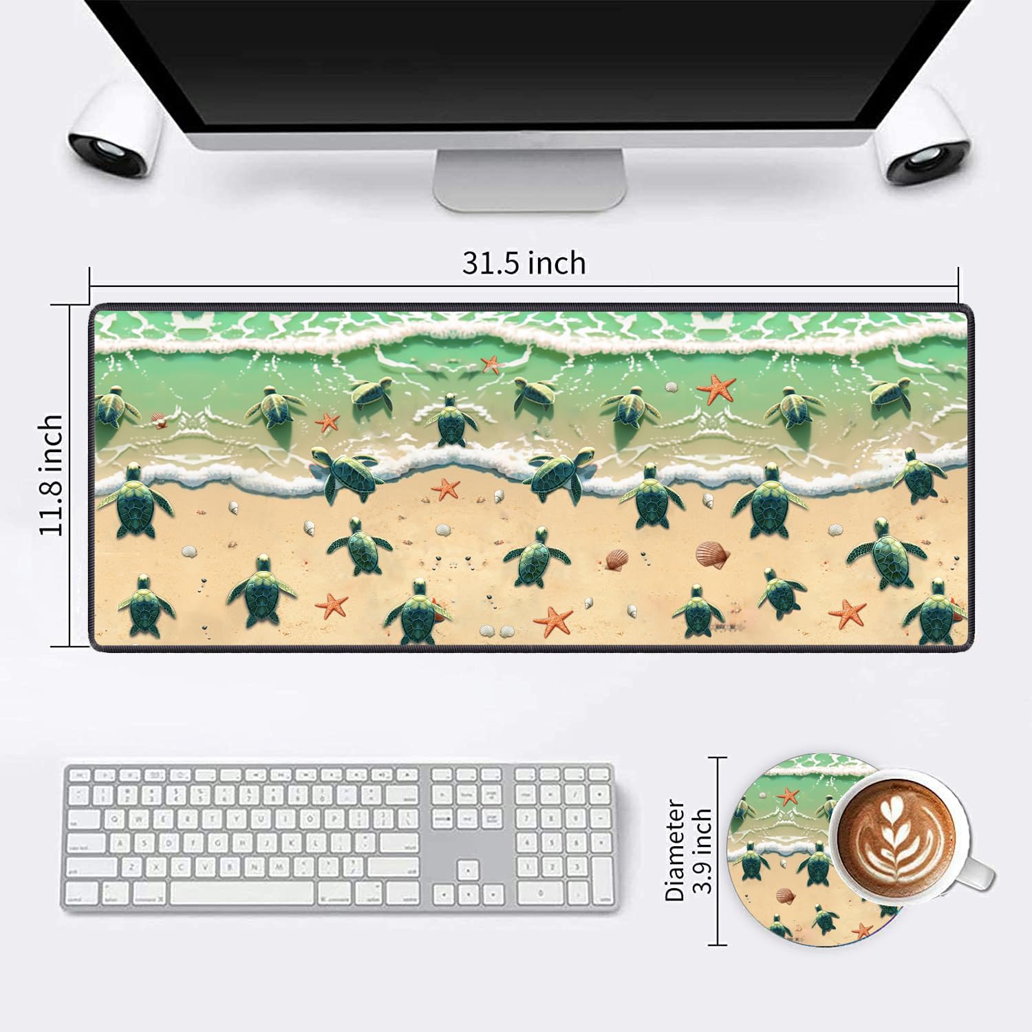 Large Extended Gaming Mouse Pad with Non-Slip Rubber Base - XXL Computer Keyboard Mouse Mat for PC, Laptop, Office & Study - Sea Turtle Beach Design with Starfish Shell Blue Ocean Pattern - Perfect for Gamers, Work & Home Office Setup