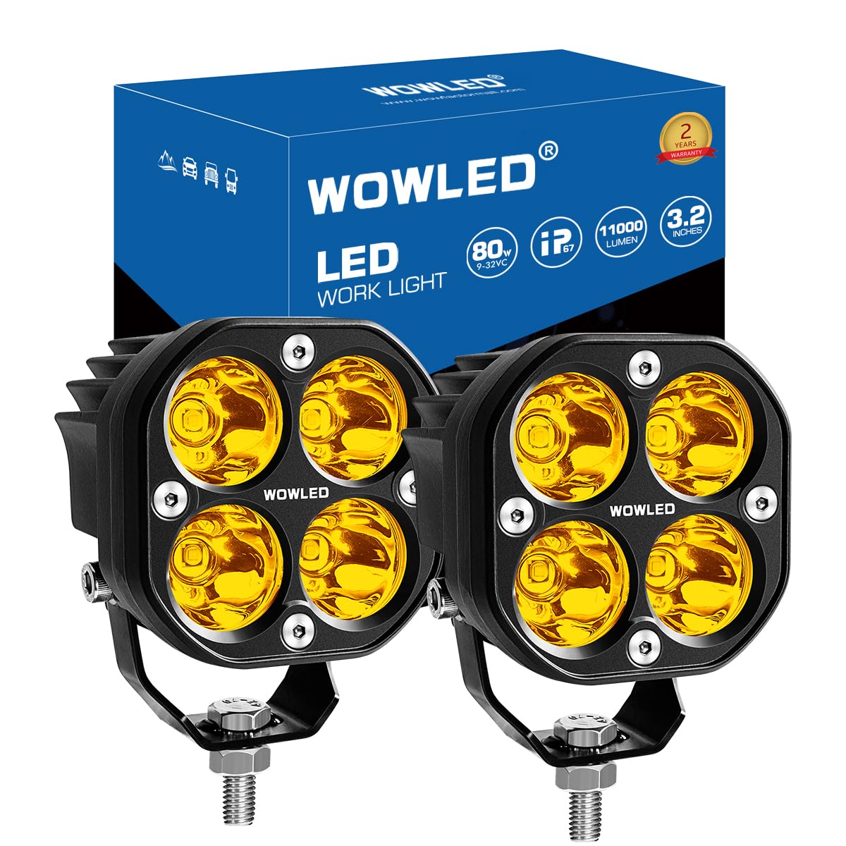 2Pcs 3.2 Inch Amber LED Cube Pods - Spot Yellow Ditch Lights for Off-Road Driving, Fog Lights for 4x4 Trucks, SUV, UTV, ATV, Tractor & Marine Boats (12V/24V) - Perfect for Night Off-Roading, Work Lighting & Emergency Vehicle Use