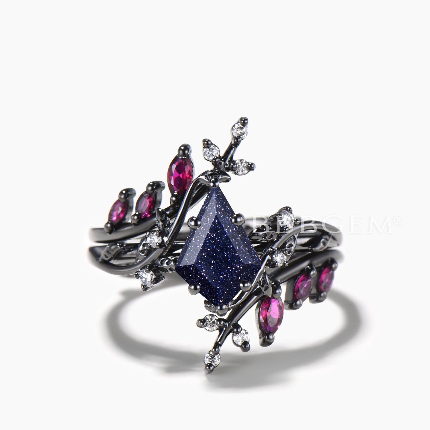 Twig Bridal Set - Kite Cut Blue Sandstone Leaf Engagement Ring with Ruby Wedding Band for Women | Nature-Inspired Wedding Jewelry for Engagement, Proposal & Anniversary Gifts