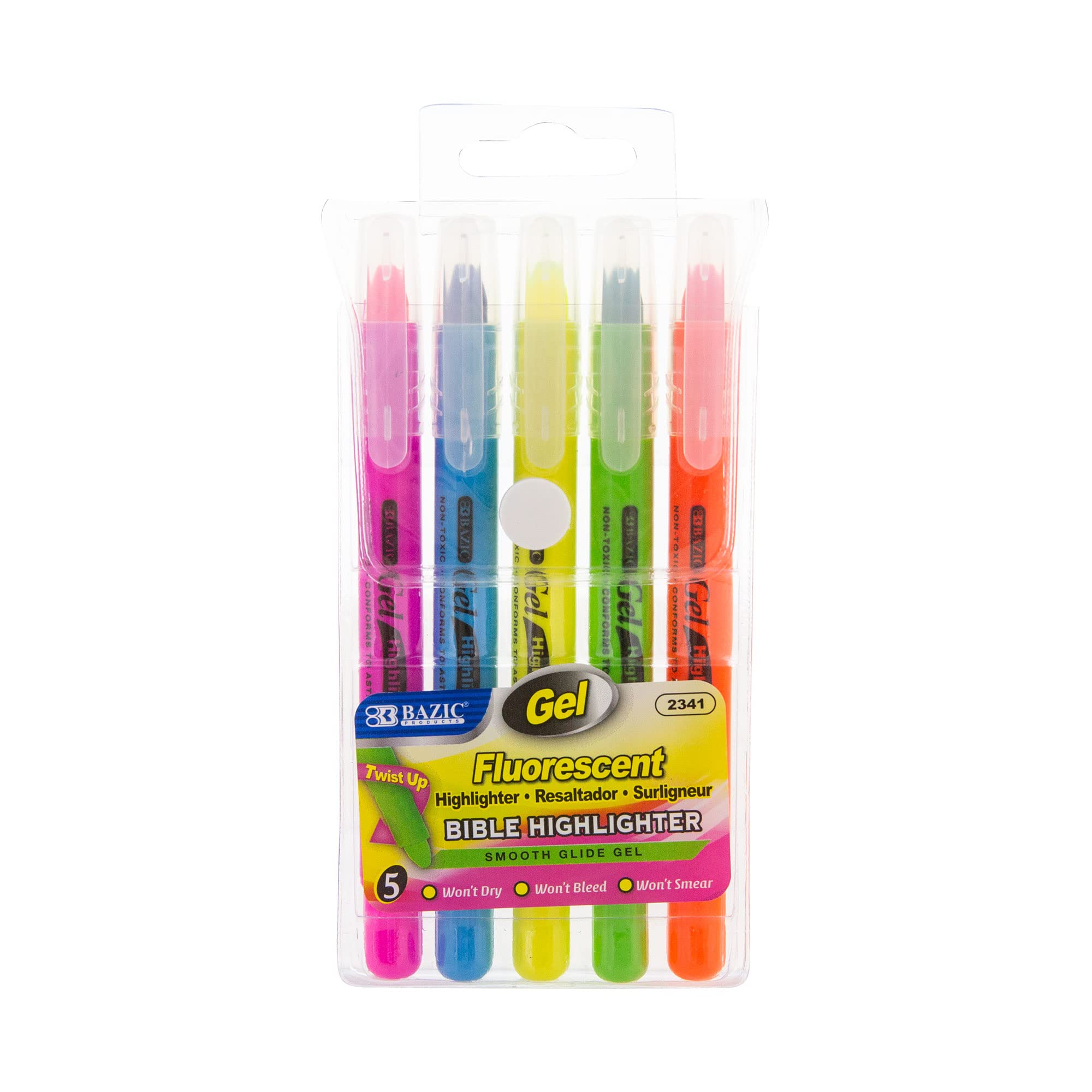 BAZIC No Bleed Dry Highlighter Gel Pens - Neon Assorted Colors (5/Pack, 144-Packs) for Bible Study, Note Taking & School Supplies