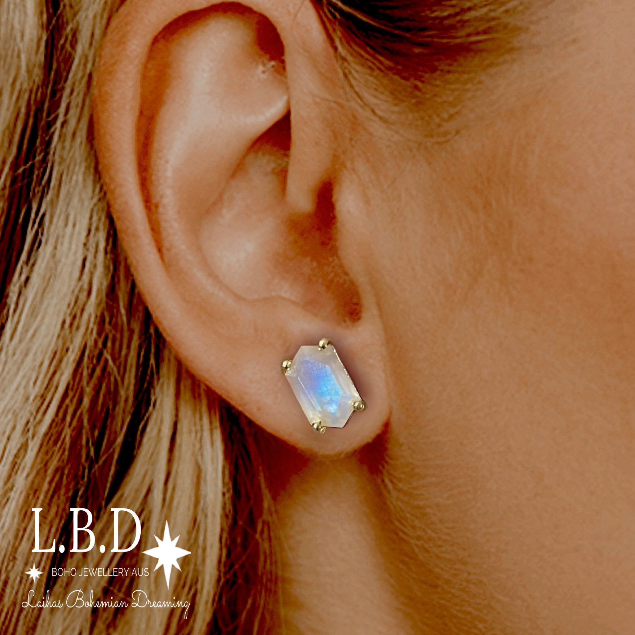 Hexagon Moonstone Gold Stud Earrings for Women – Elegant Boho Jewelry for Everyday Wear & Special Occasions