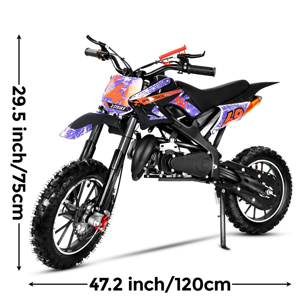 49CC Kids Dirt Bike - 2-Stroke Gas Powered Mini Bike for Off-Road & Trail Riding - Front & Rear Disc Brakes, Speeds Up to 40MPH, 220LBS Weight Capacity (Black) - Perfect for Backyard Adventures, Off-Road Trails & Youth Motocross Training