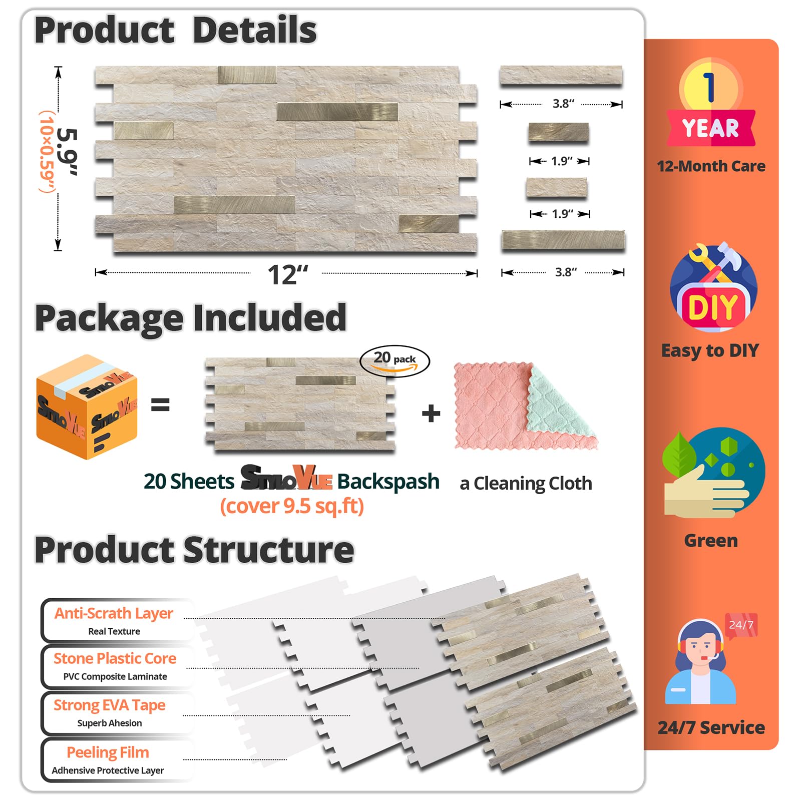 20 Sheets Peel and Stick Backsplash Tiles - Beige with Gold Metallic Finish - Self-Adhesive Kitchen Backsplash for Countertops, RV, Fireplace - Easy DIY Home Upgrade for Kitchens, Bathrooms & Laundry Rooms
