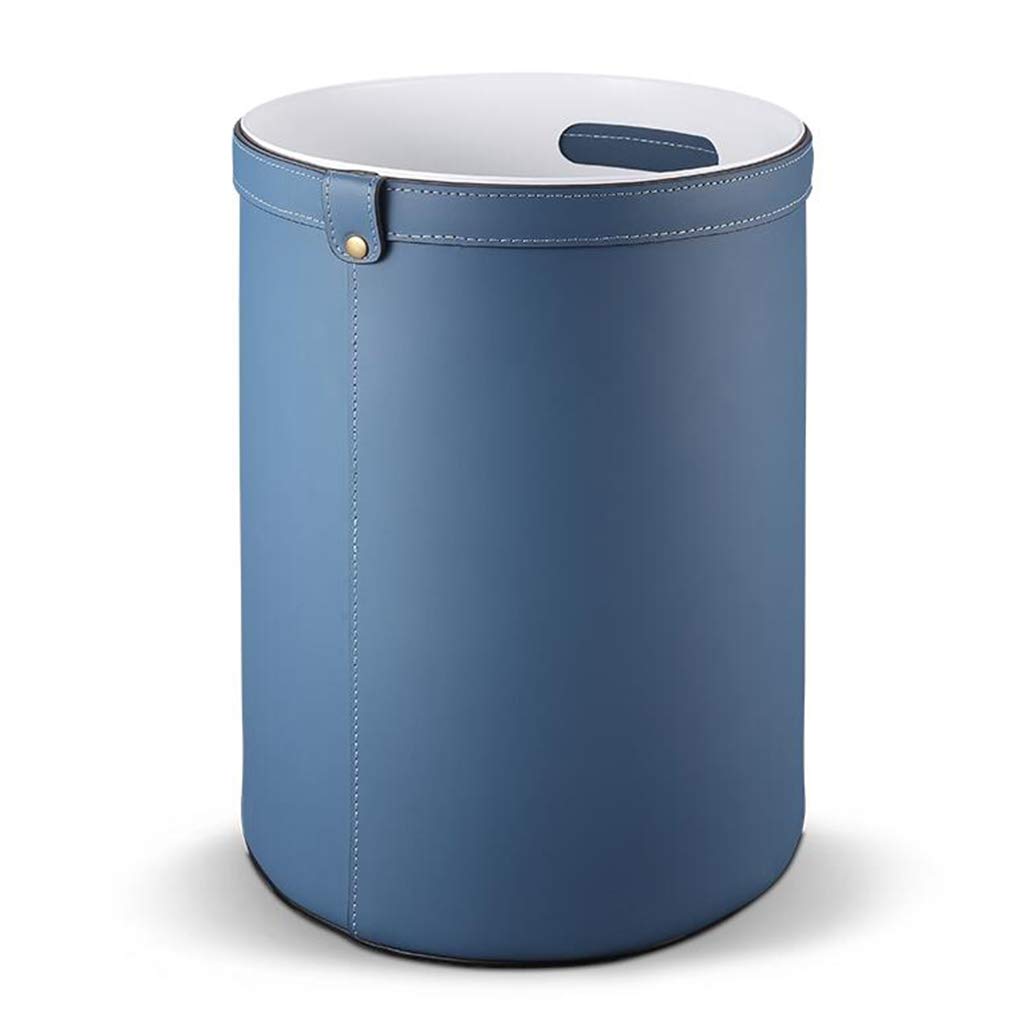 QTQHOME Faux Leather Antique Waste Bin Trash Can - PU Leather Storage Ottoman with Lid - Classic Round Garbage Bin for Bathroom, Kitchen, Office & Hotel - Blue (22.5x22.5x31cm / 9x9x12inch) - Perfect for Home Decor, Small Space Organization & Discreet Waste Disposal