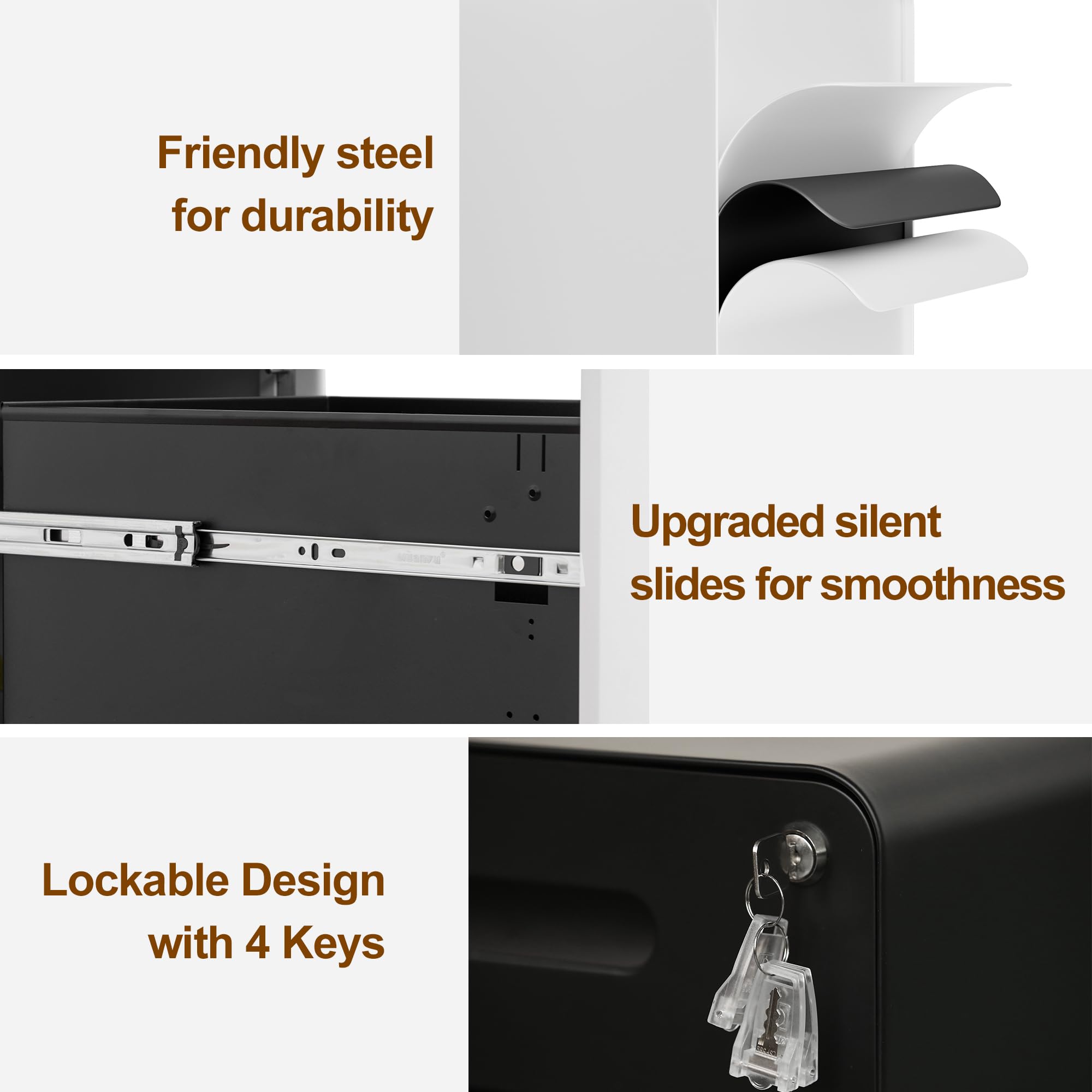 3 Drawer Locking File Cabinet with 4 Keys - Mobile Metal Filing Cabinet for Home Office - Under Desk Storage Solution - Pre-Assembled Letter/Legal/A4 Hanging File Folders - Perfect for Document Organization in Small Spaces & Workspaces