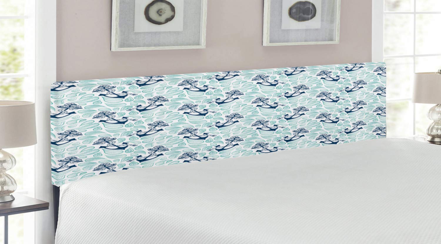 Ambesonne King Size Upholstered Metal Bed Headboard with Memory Foam - Abstract Anchor & Water Droplet Design in Mint Green & Dark Blue | Vintage Marine Theme for Coastal, Nautical & Bedroom Decor