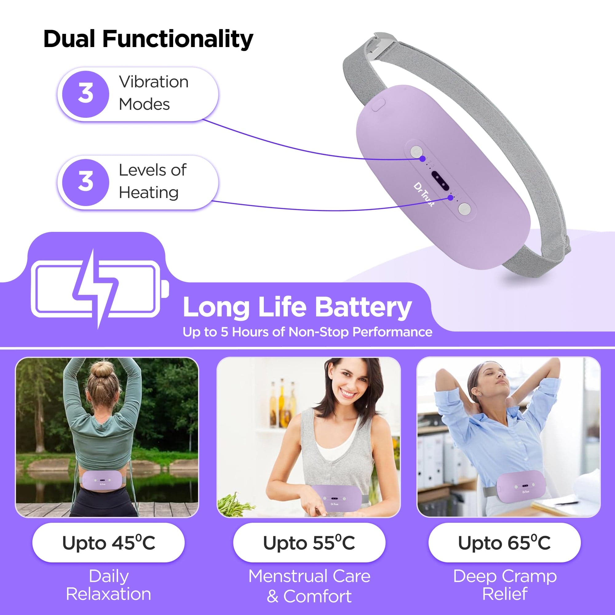 Dr Trust Electric Heating Pad for Women - 3 Temperature & 3 Massage Modes, Portable Cordless Period Pain Relief Belt for Menstrual Cramps, Belly, Back and Stomach Pain - Perfect for Home, Office & Travel Use