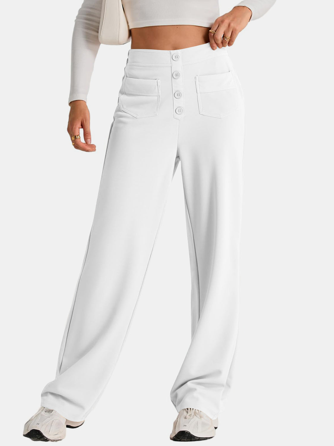 High Waist Wide Leg Pants for Women - Comfortable Stretchy Trousers with Elastic Waistband | Perfect for Office, Casual Wear & Travel